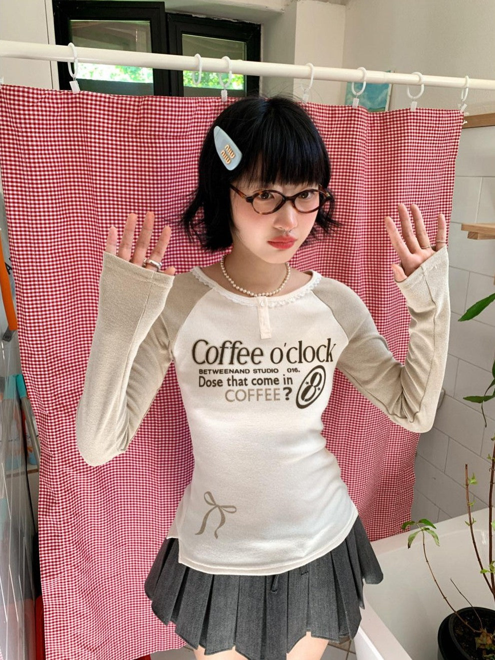 BETWEENAND Coffee Brown Bow Raglan Print Women&