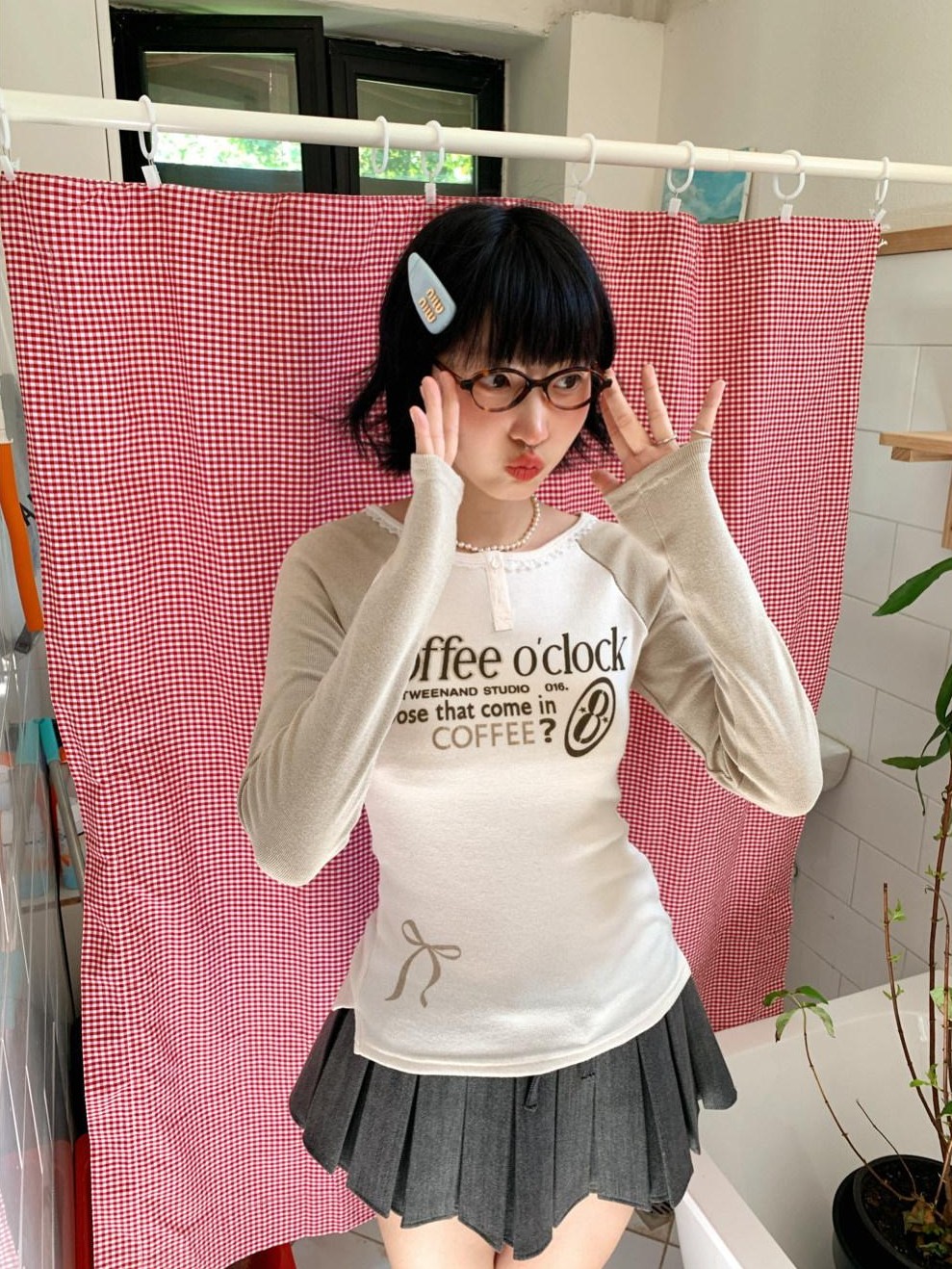 BETWEENAND Coffee Brown Bow Raglan Print Women&