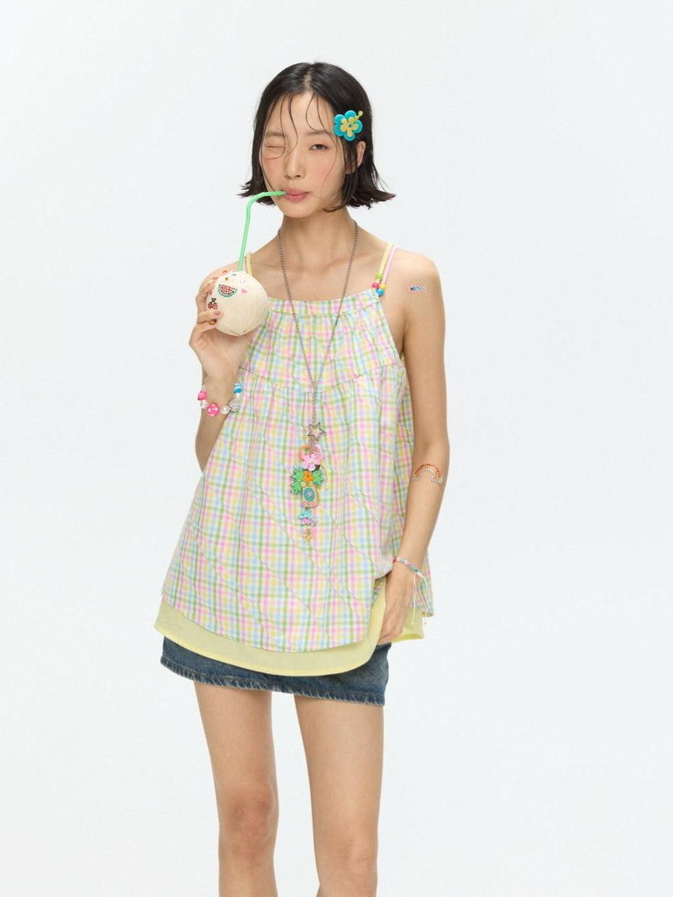 BETWEENAND Colorful Plaid Adjustable Straps Loose Fit Women&