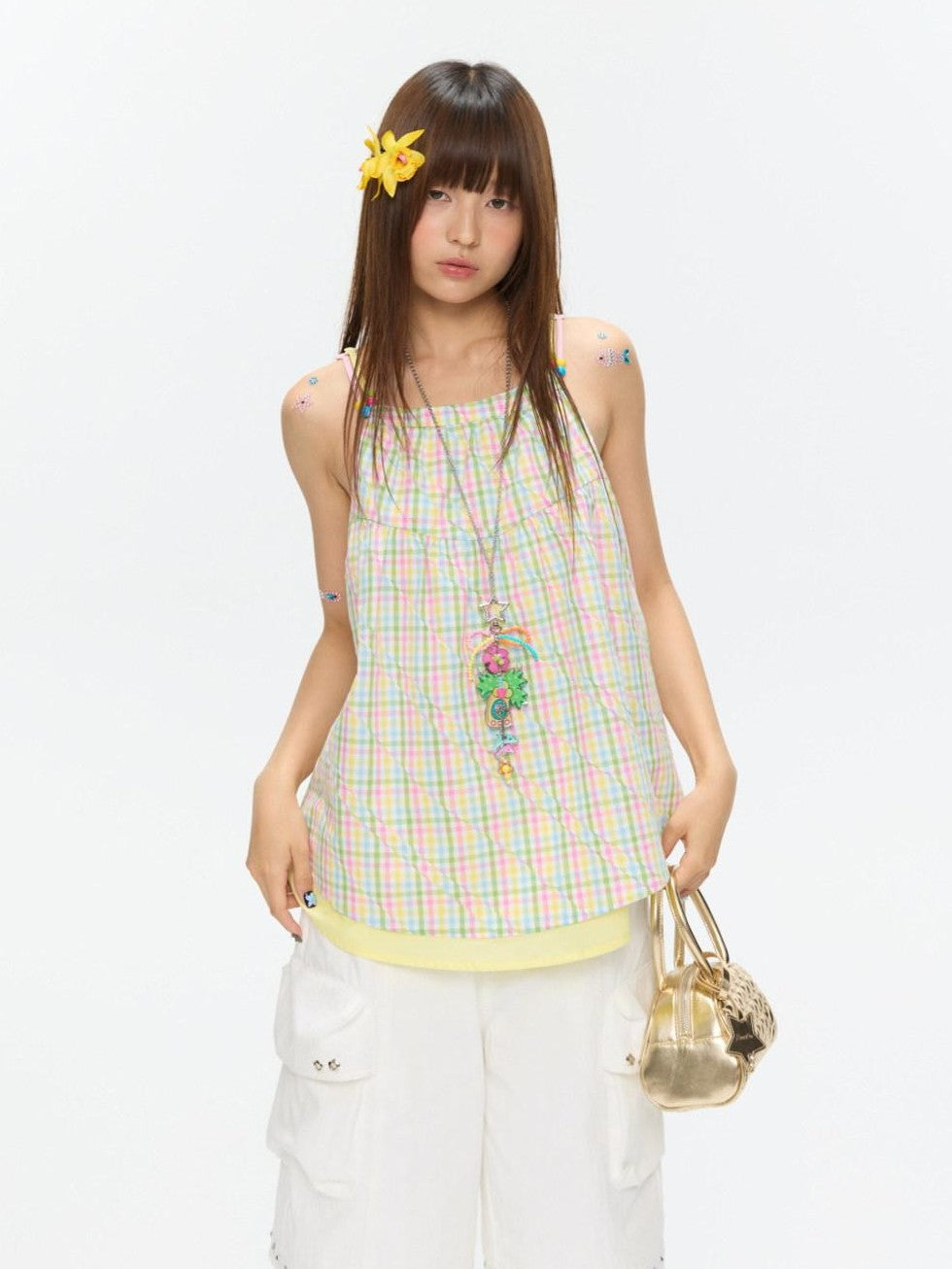 BETWEENAND Colorful Plaid Adjustable Straps Loose Fit Women&