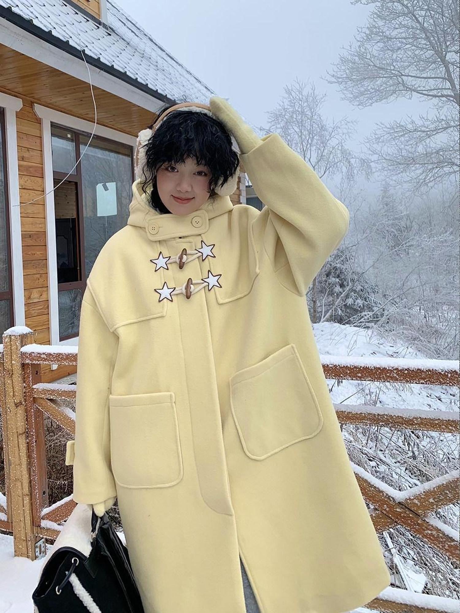 BETWEENAND Cream Yellow Star Print Hooded Leather Toggle Women&