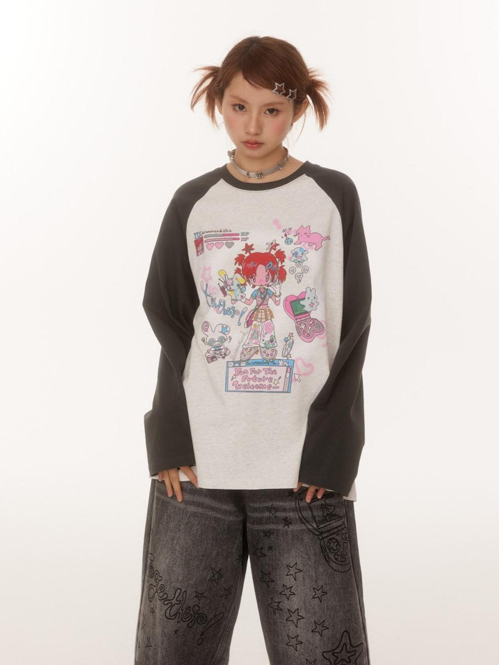 BETWEENAND Creative Print Raglan Loose Women&