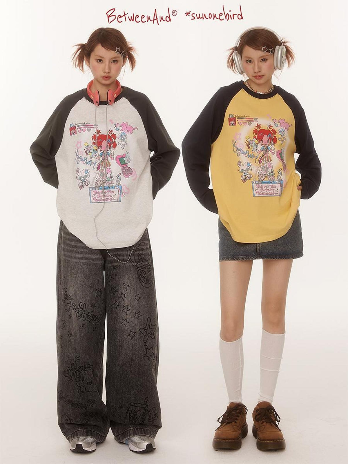 BETWEENAND Creative Print Raglan Loose Women&