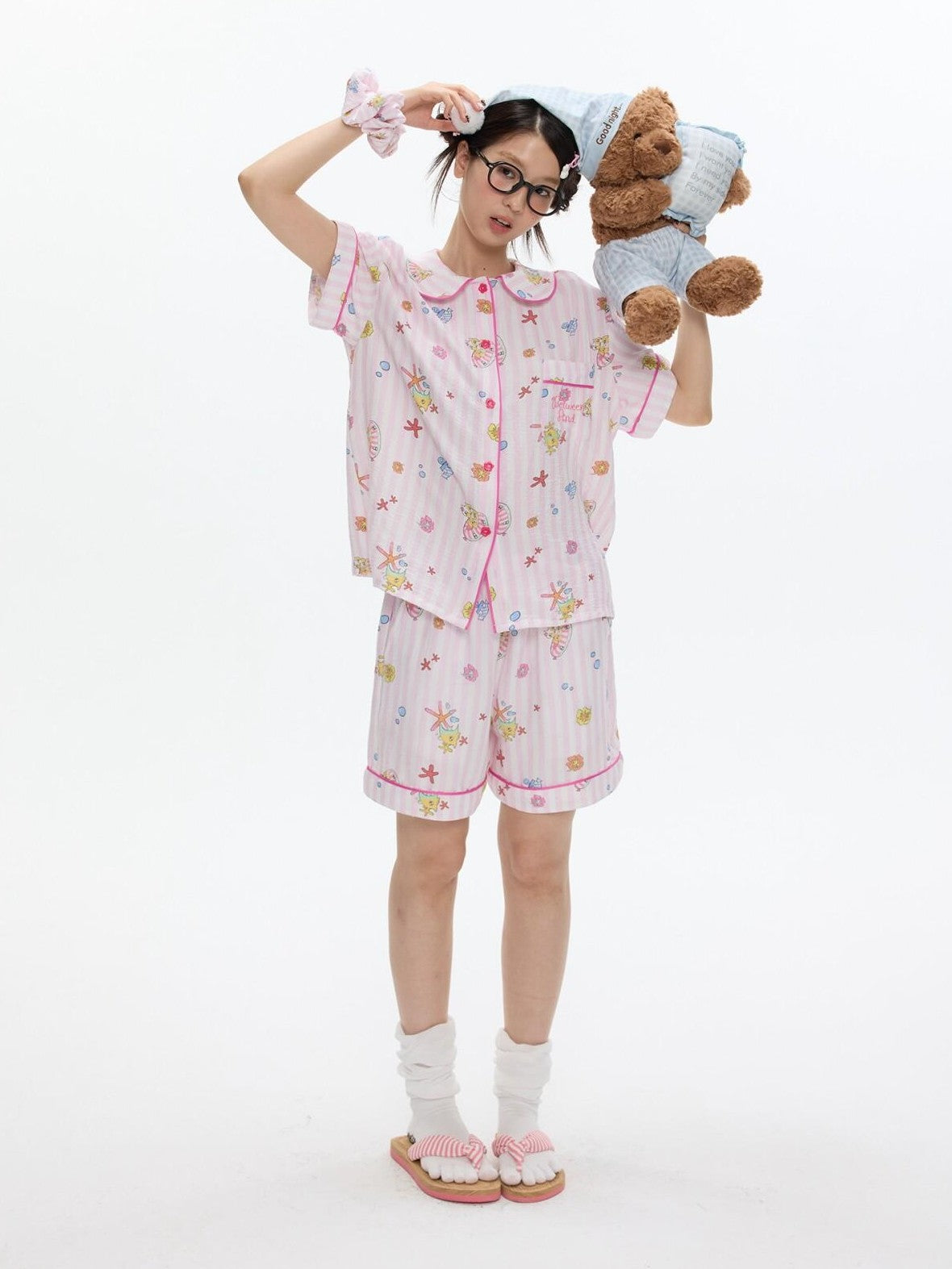 BETWEENAND Cute Pink Short Sleeve Allover Print Women&
