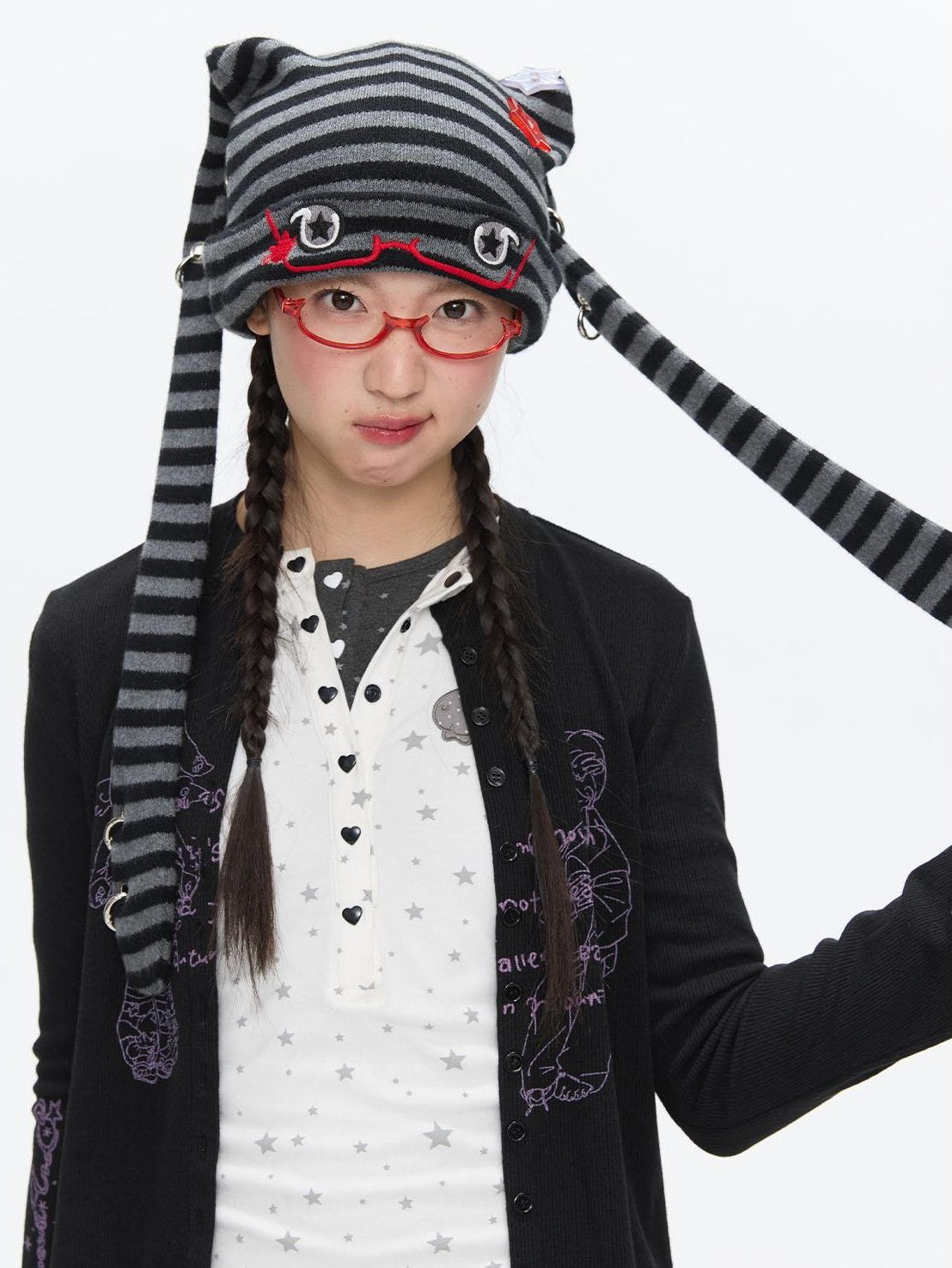 BETWEENAND Cute Rabbit Ear Eyelet Knit Striped Women&