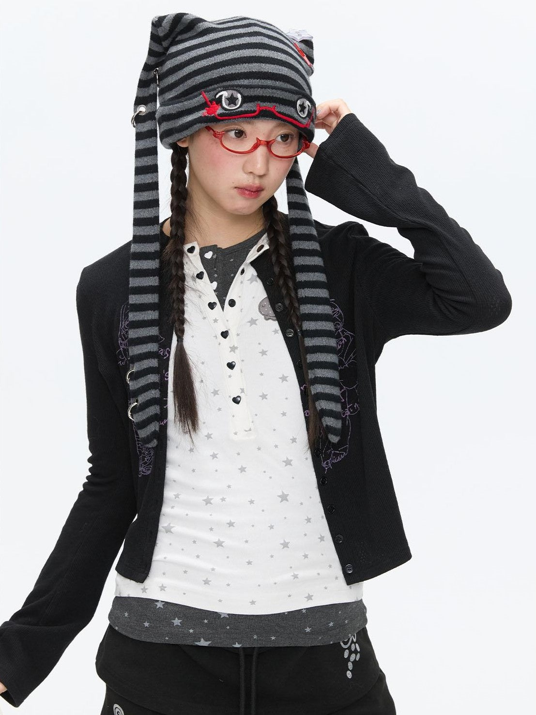 BETWEENAND Cute Rabbit Ear Eyelet Knit Striped Women&