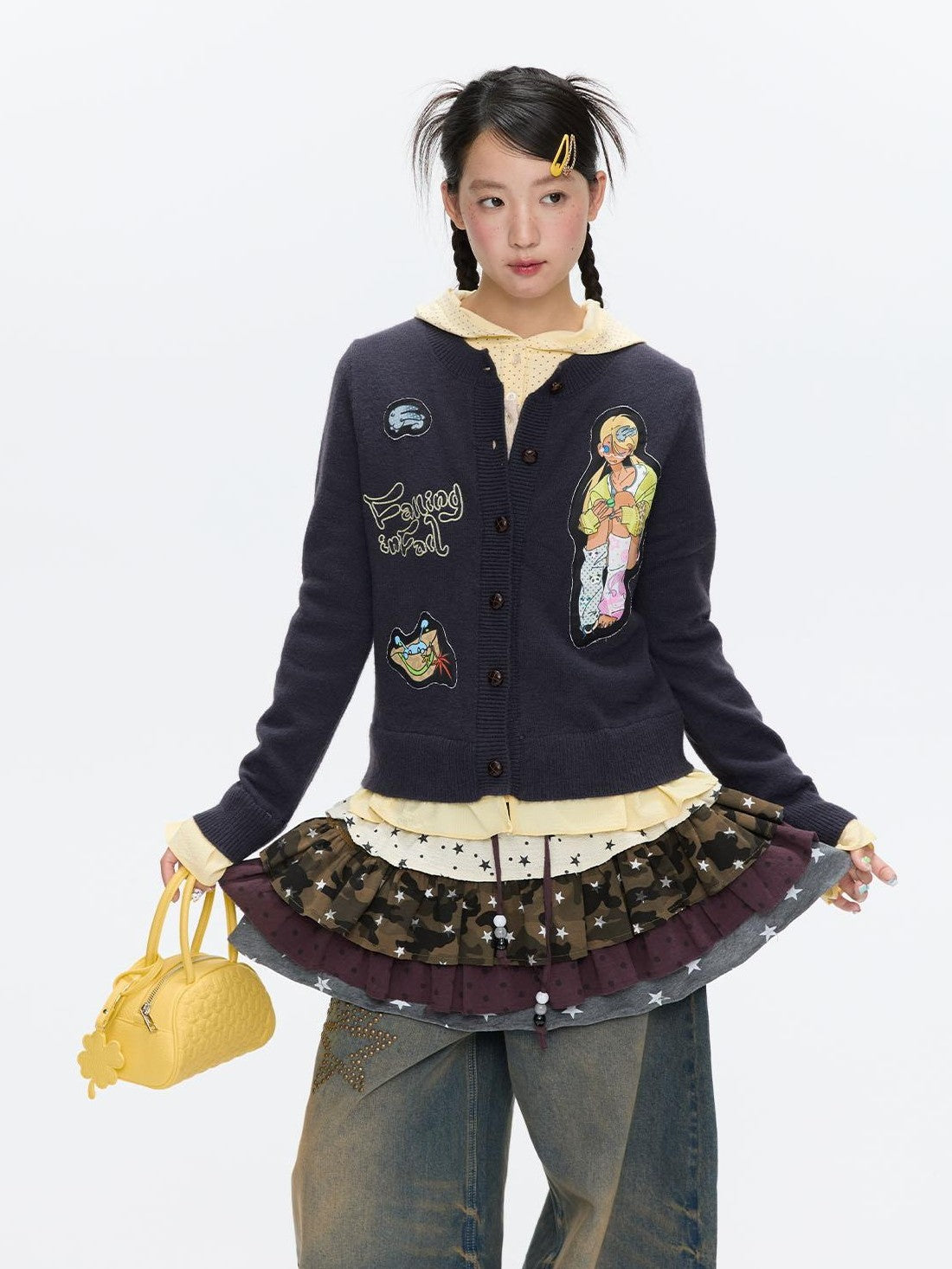 BETWEENAND Deep Gray Applique Ruffle Women&