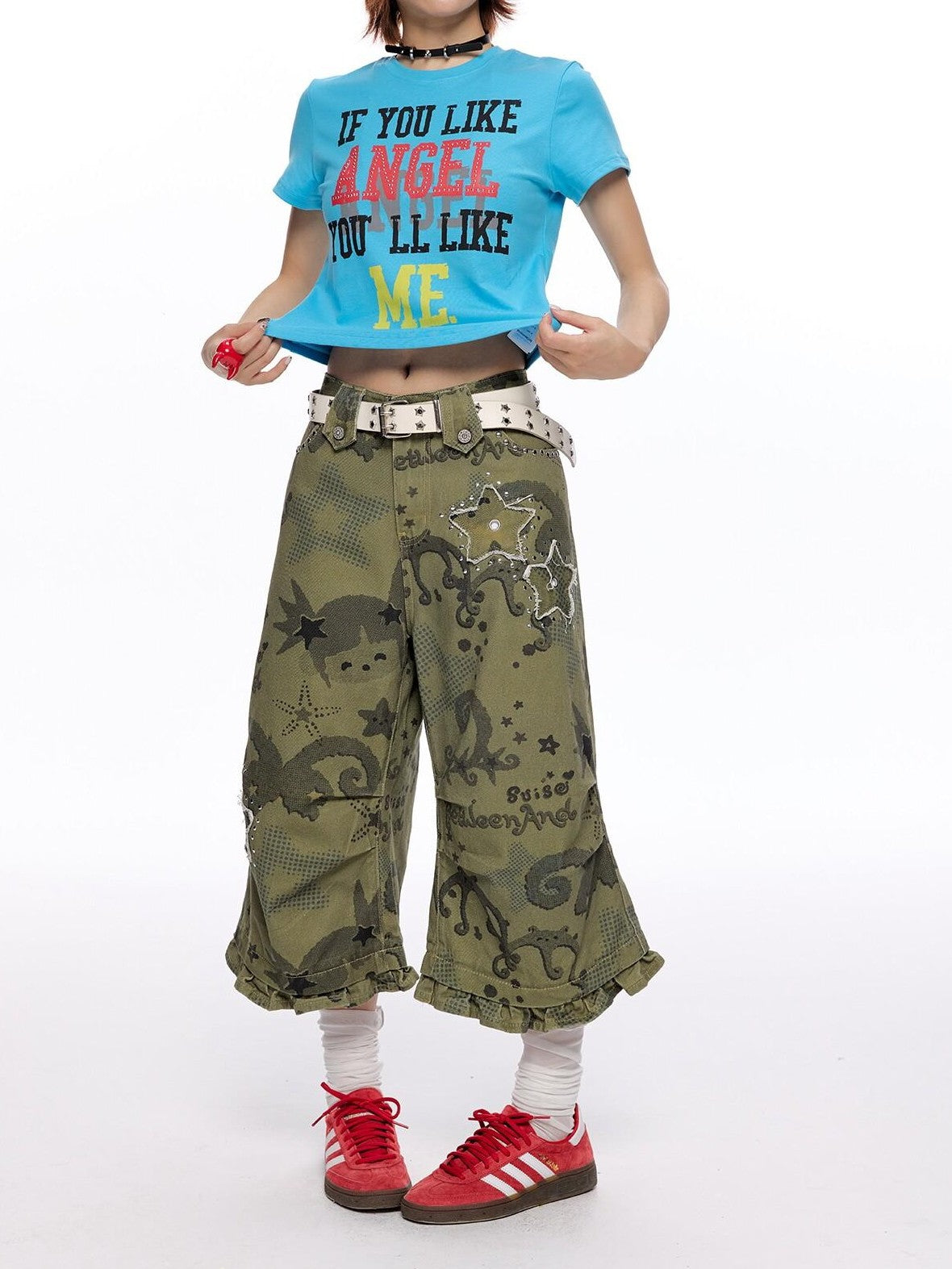 BETWEENAND Distressed Allover Star Print Vintage Cargo Women&