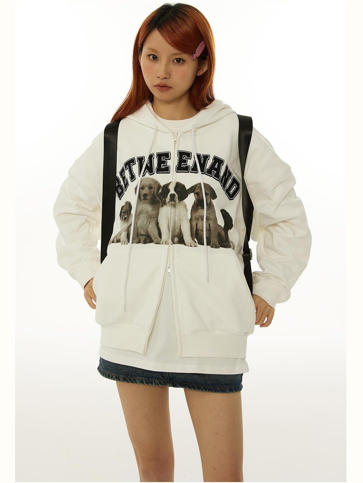 BETWEENAND Dog Family Embroidered Zip Hooded Women&