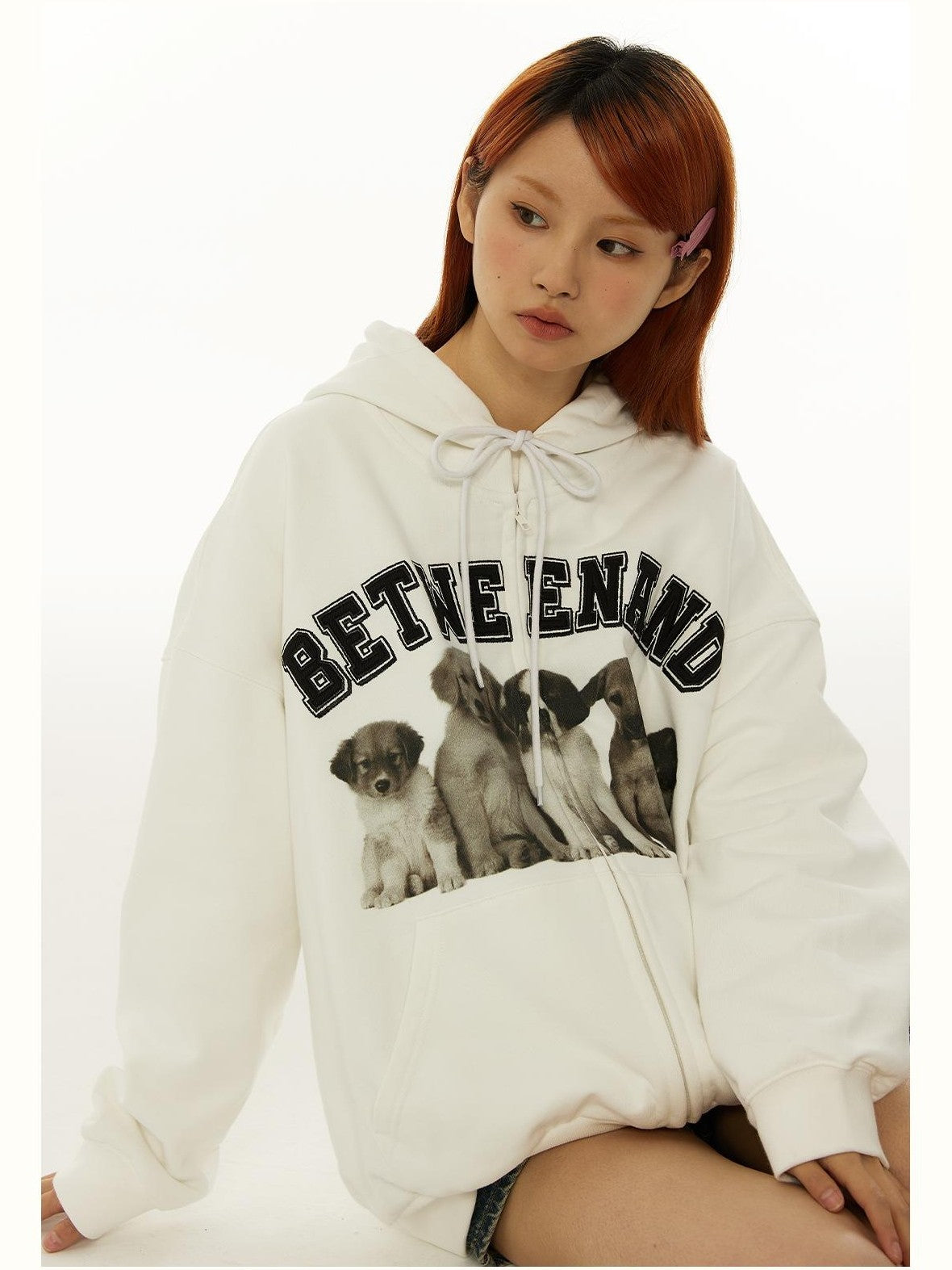 BETWEENAND Dog Family Embroidered Zip Hooded Women&