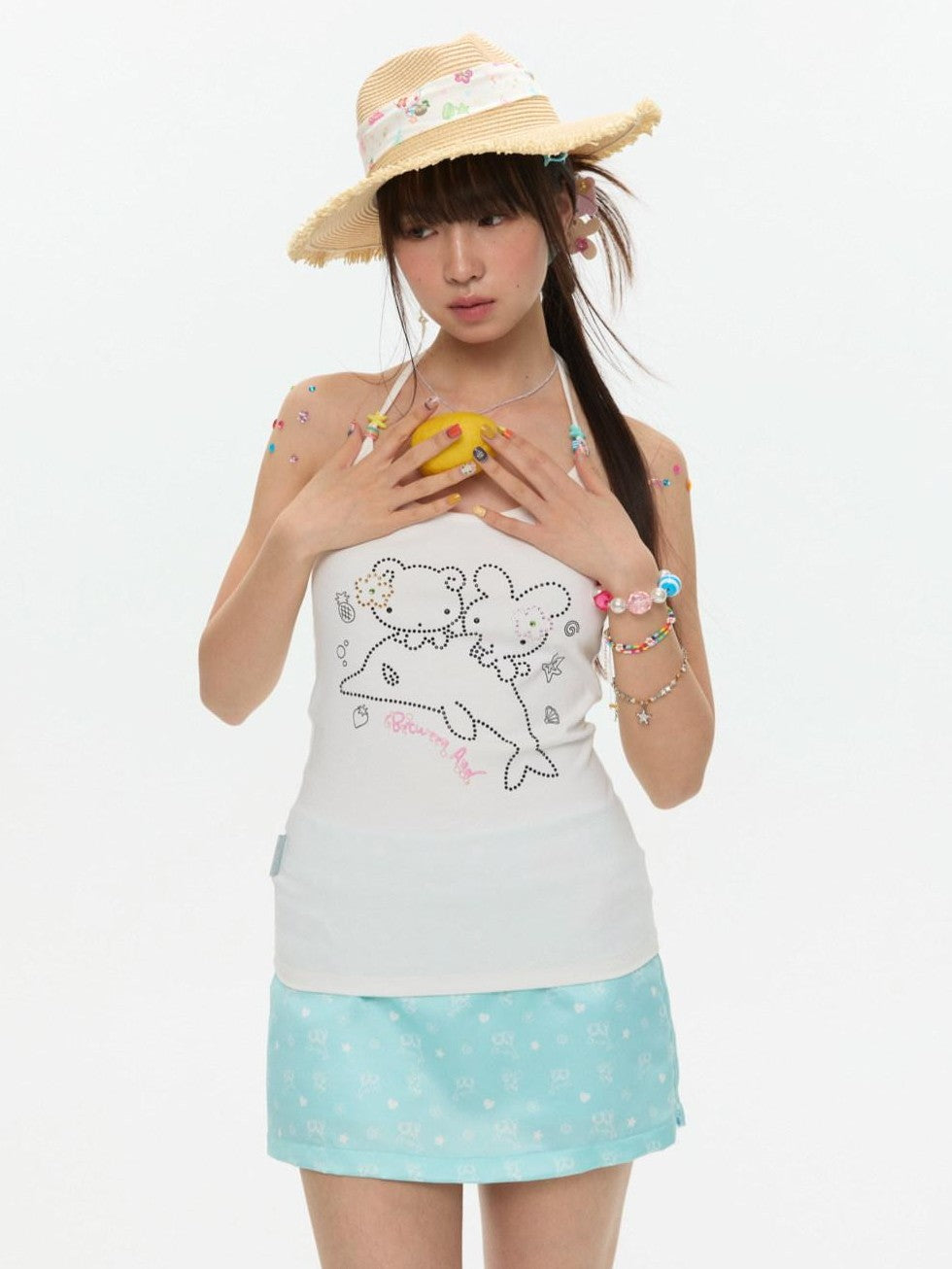 BETWEENAND Dolphin Beaded Rhinestone Print Slim Women&