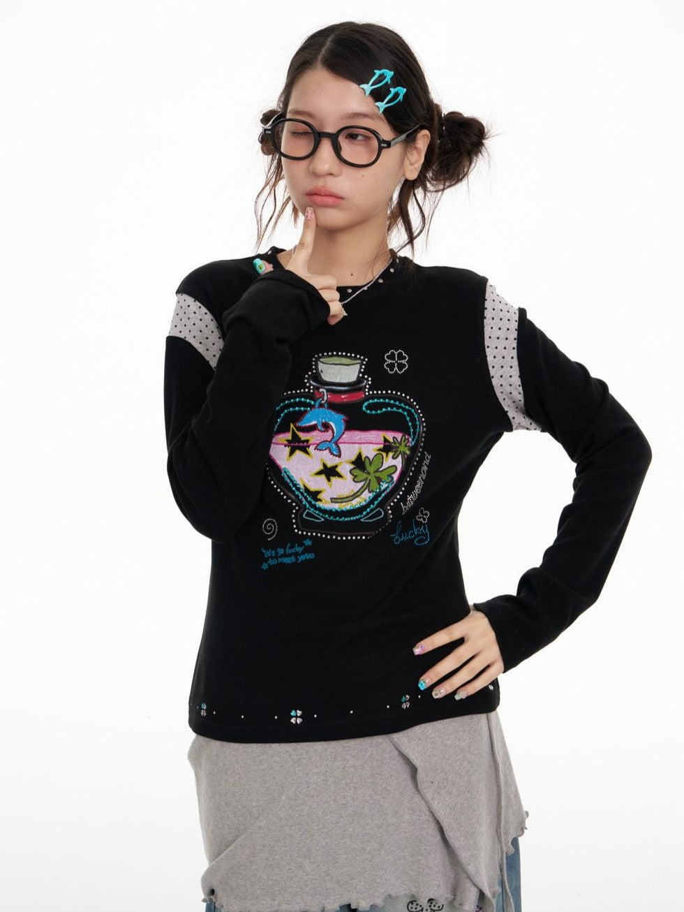 BETWEENAND Dolphin Lucky Bottle Patchwork Rhinestone Print Women&