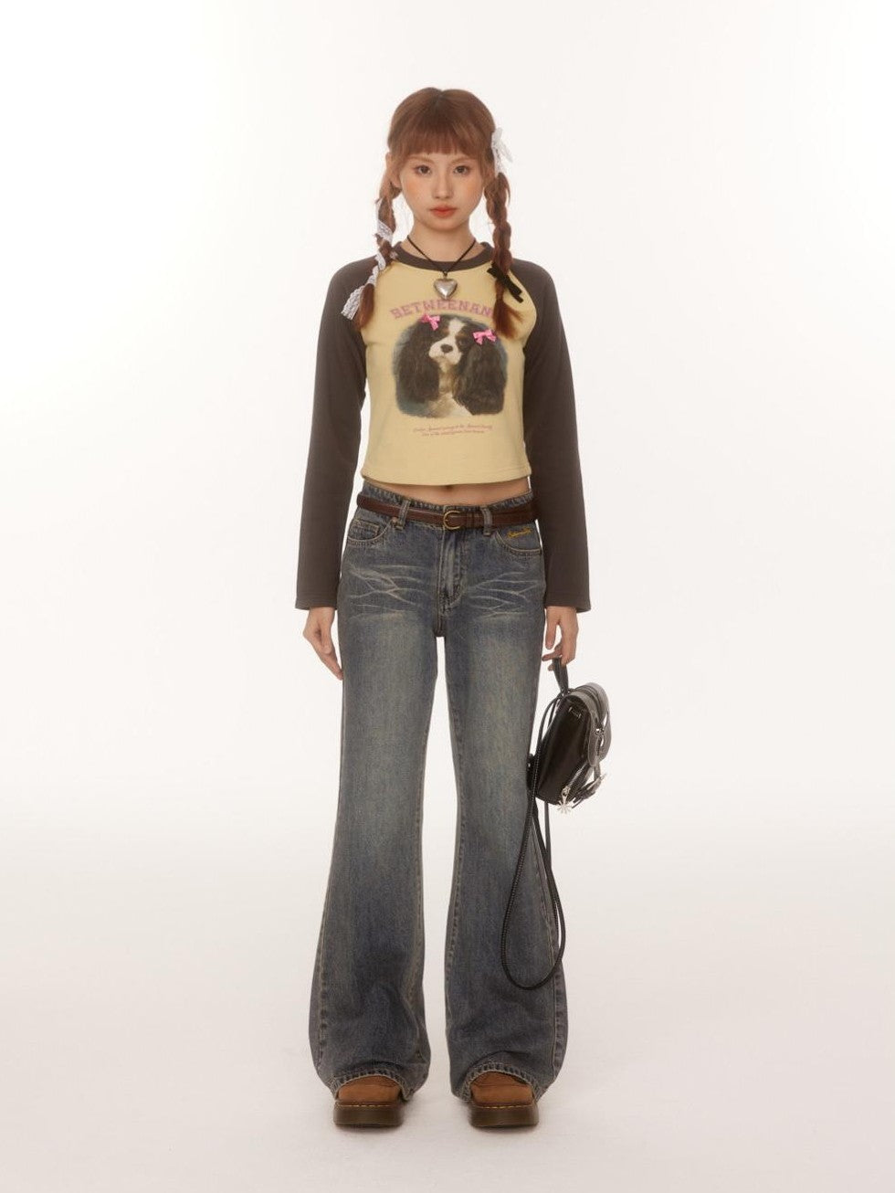 BETWEENAND Double Bow Puppy Print Raglan Crop Women&