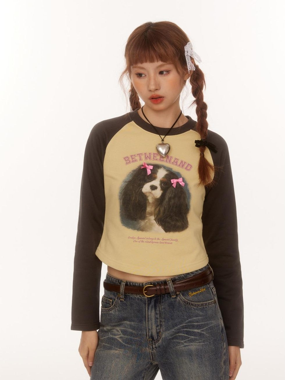 BETWEENAND Double Bow Puppy Print Raglan Crop Women&