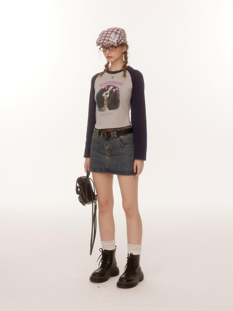 BETWEENAND Double Bow Puppy Print Raglan Crop Women&