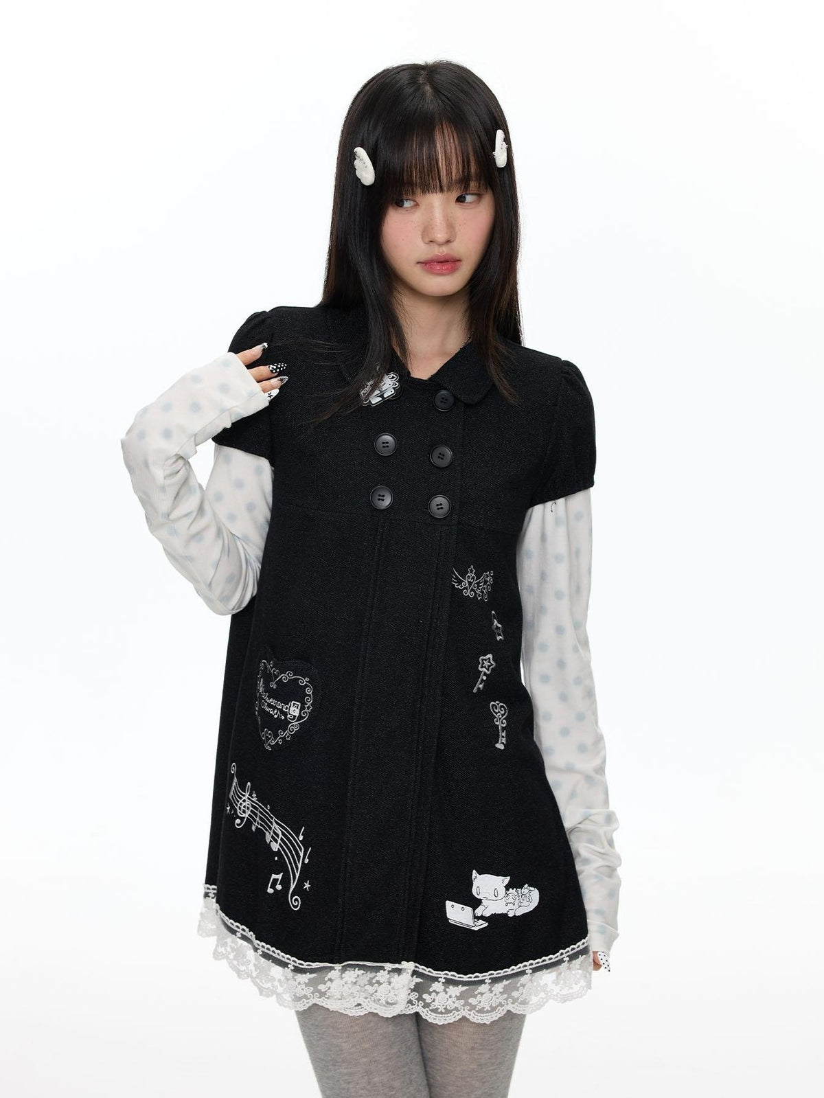 BETWEENAND Embroidered Doll Collar Double Breasted Women&