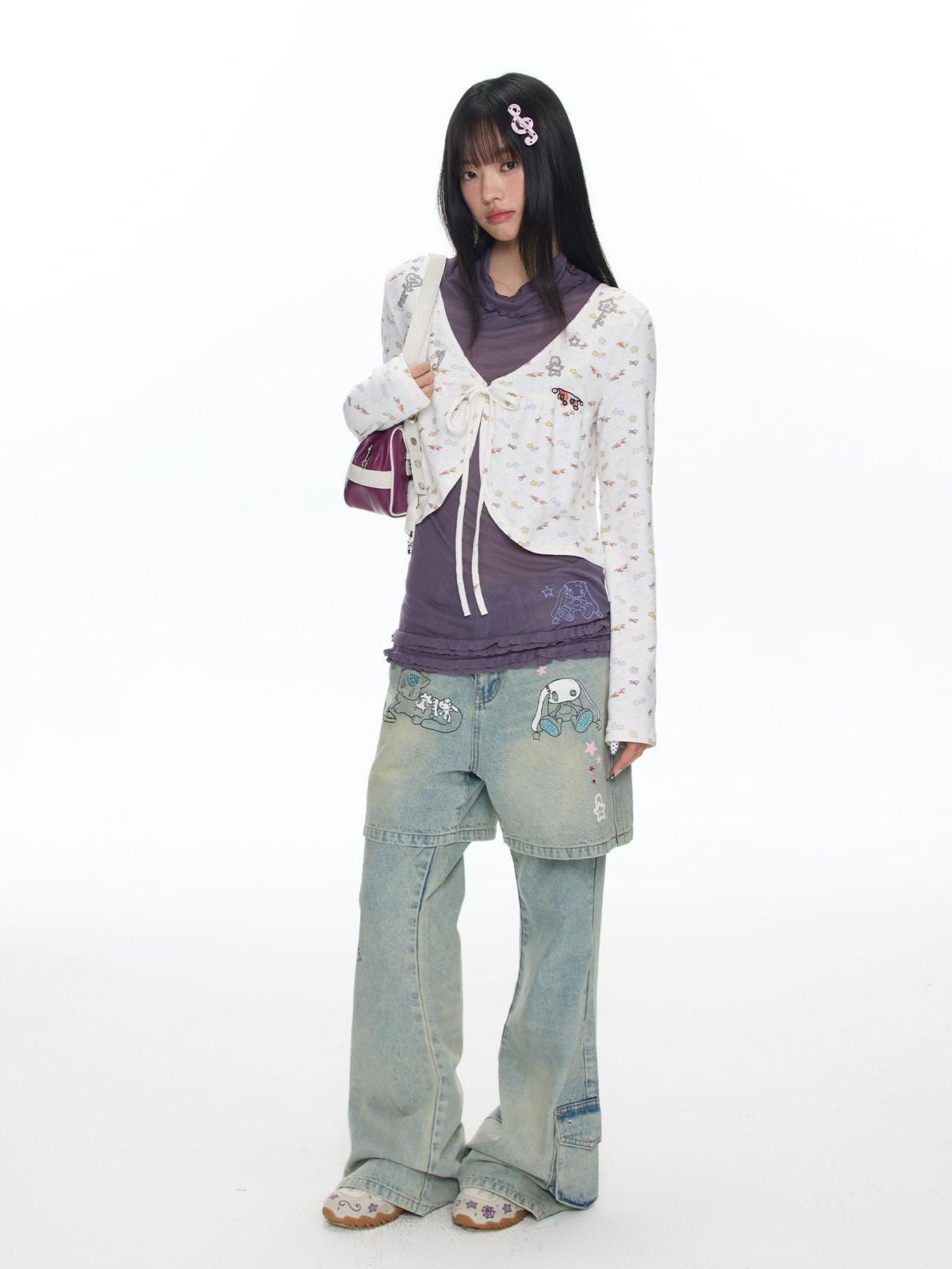 BETWEENAND Embroidered Snowflake Tie Front Cardigan Women&