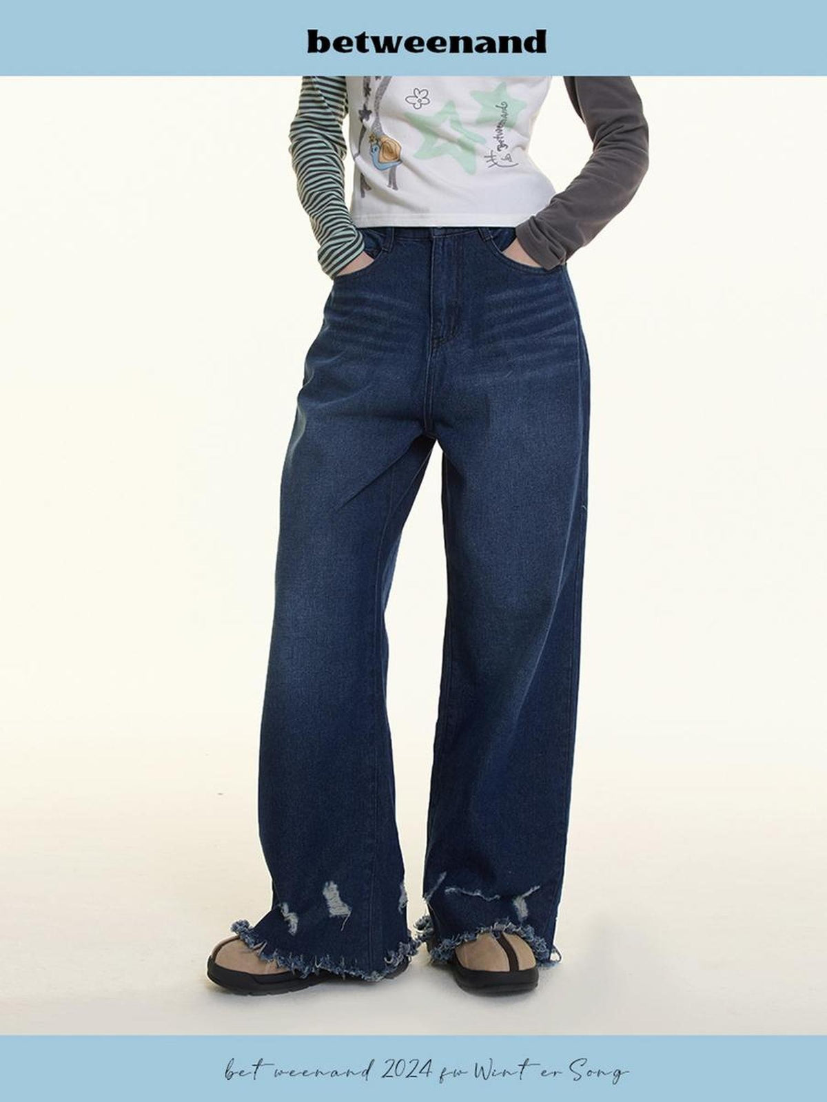 BETWEENAND Faded Wash Leg Lengthening Distressed Hem Women&