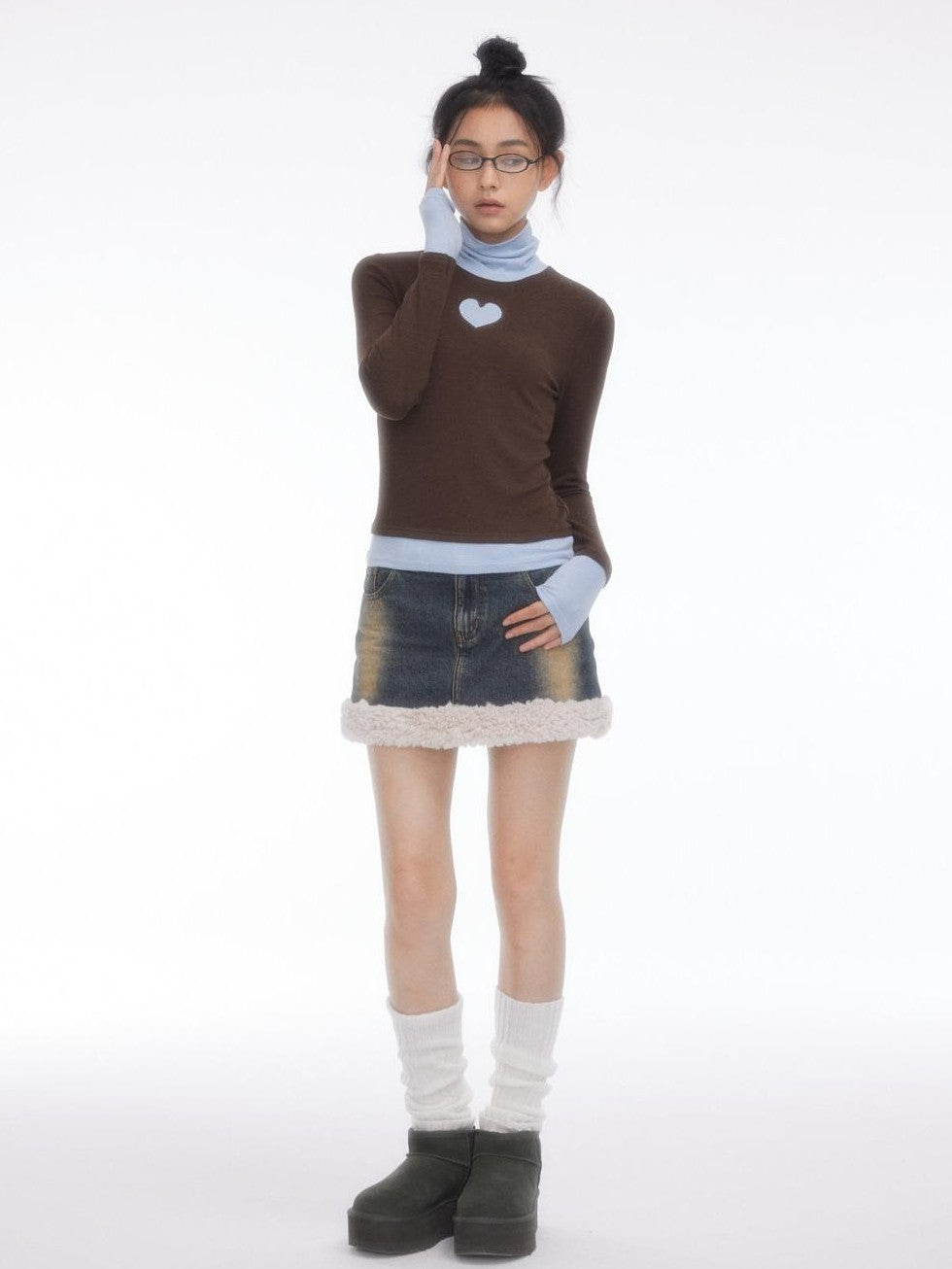 BETWEENAND Faux Fur Patchwork Distressed High Waist A Line Women&