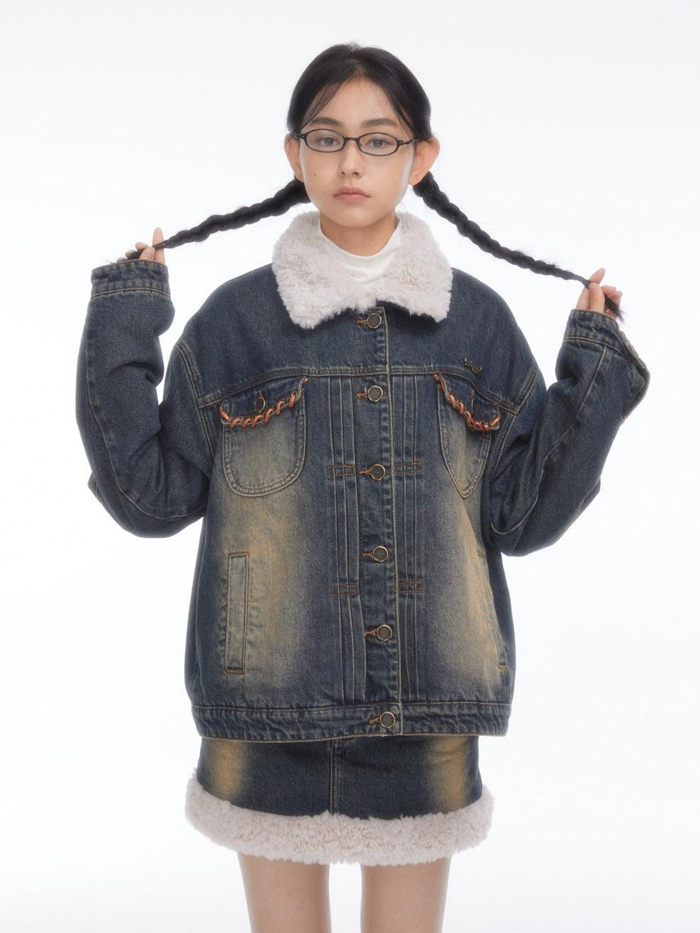 BETWEENAND Faux Fur Patchwork Distressed High Waist A Line Women&