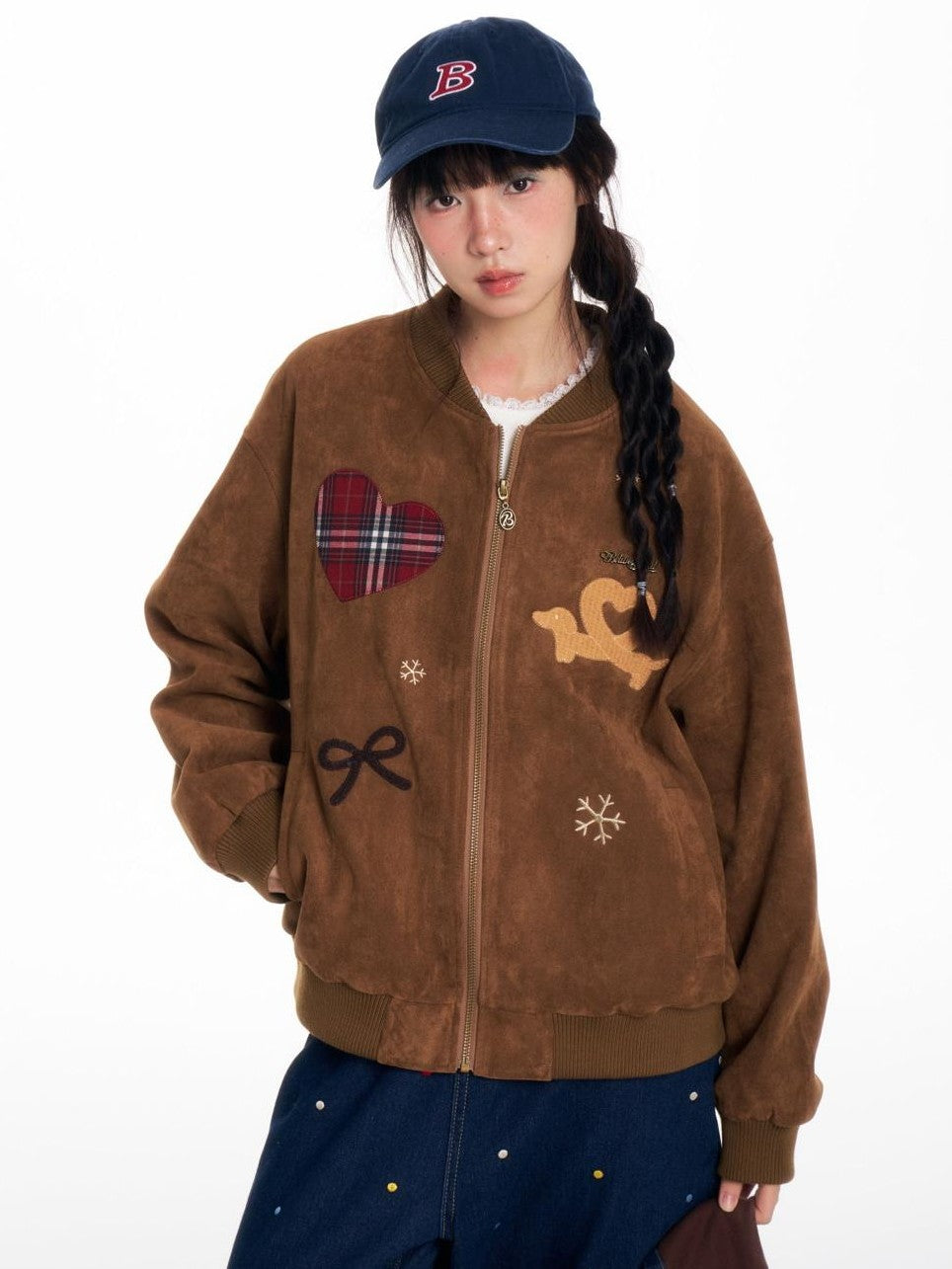 BETWEENAND Faux Suede Applique Embroidery Loose Fit Women&