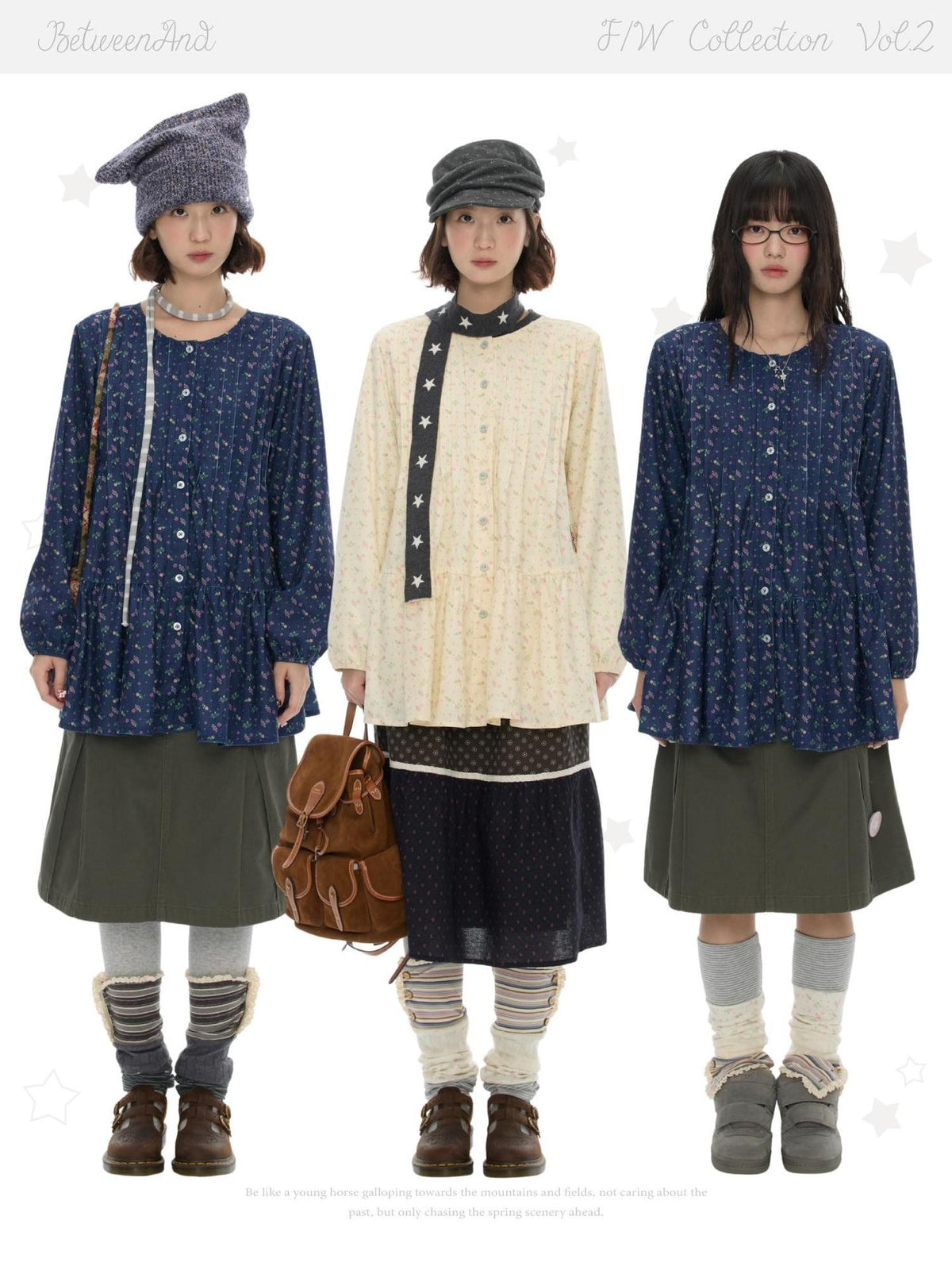 BETWEENAND Floral Print Lantern Sleeve Round Neck Women&