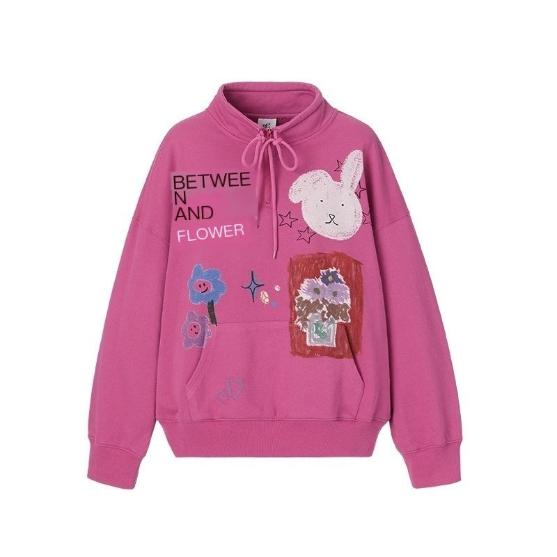 BETWEENAND_Graffiti_Cartoon_Rabbit_Print_Zip_Half_High_Collar_Ribbed_Women&