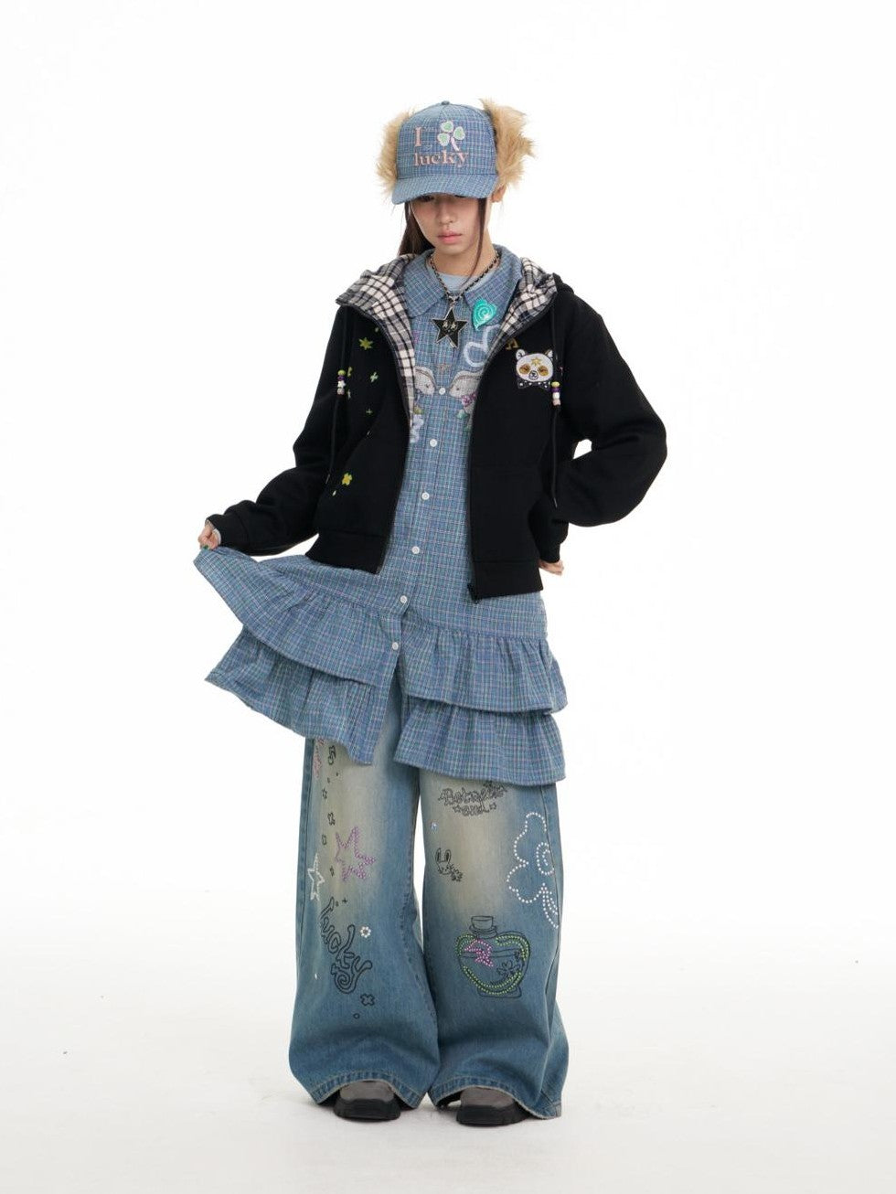 BETWEENAND Graffiti Illustration Rhinestone Washed Women&