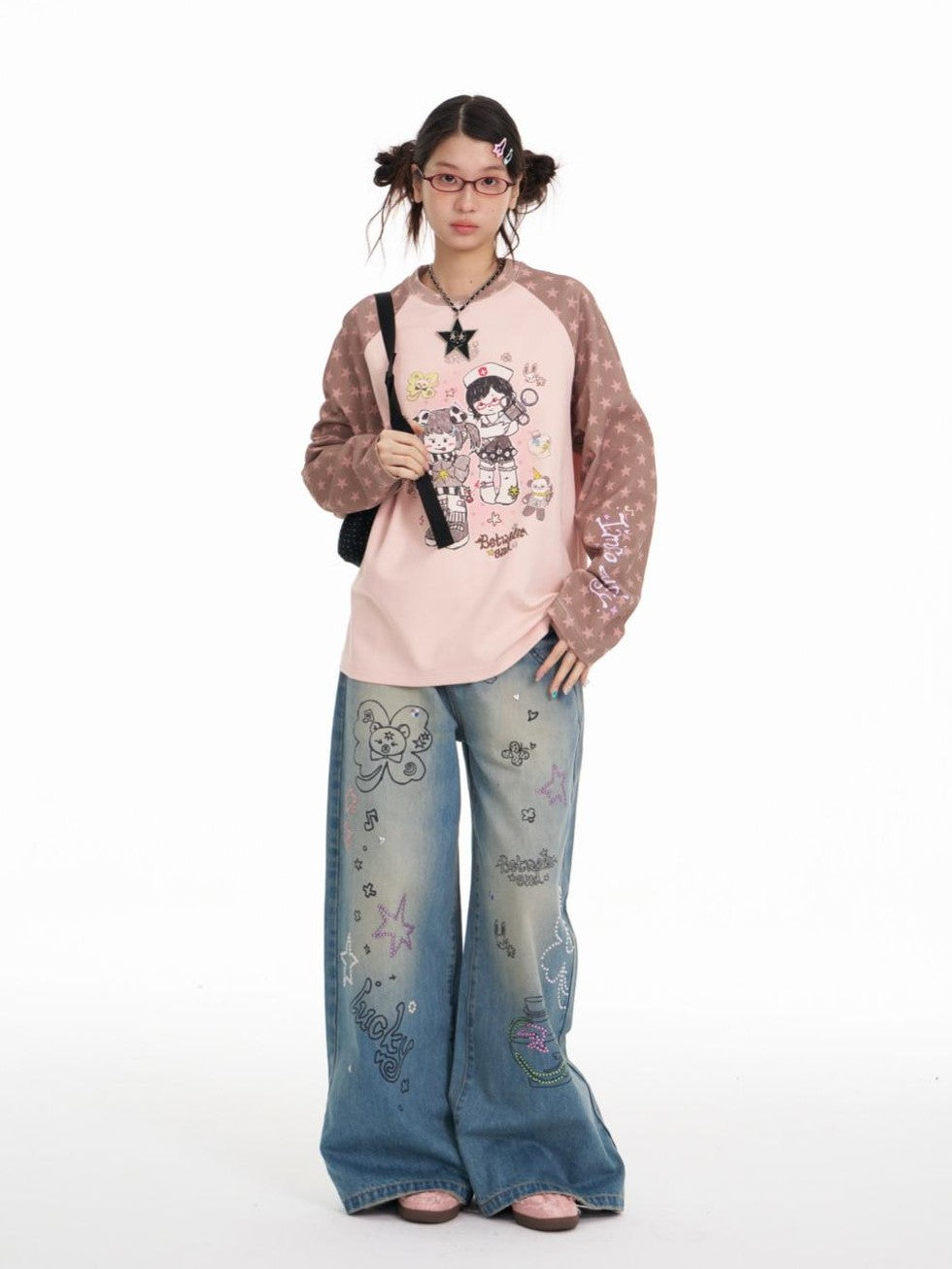 BETWEENAND Graffiti Illustration Rhinestone Washed Women&