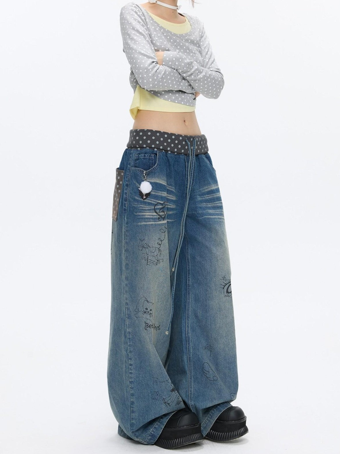 BETWEENAND Graffiti Polka Dot Patch Washed Pleated Women&