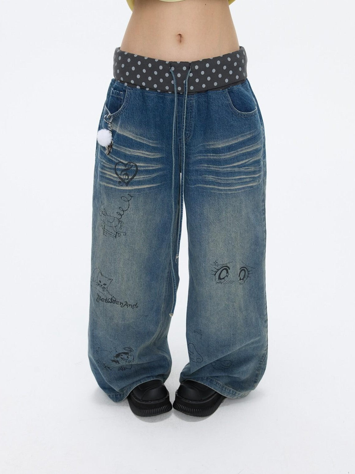 BETWEENAND Graffiti Polka Dot Patch Washed Pleated Women&