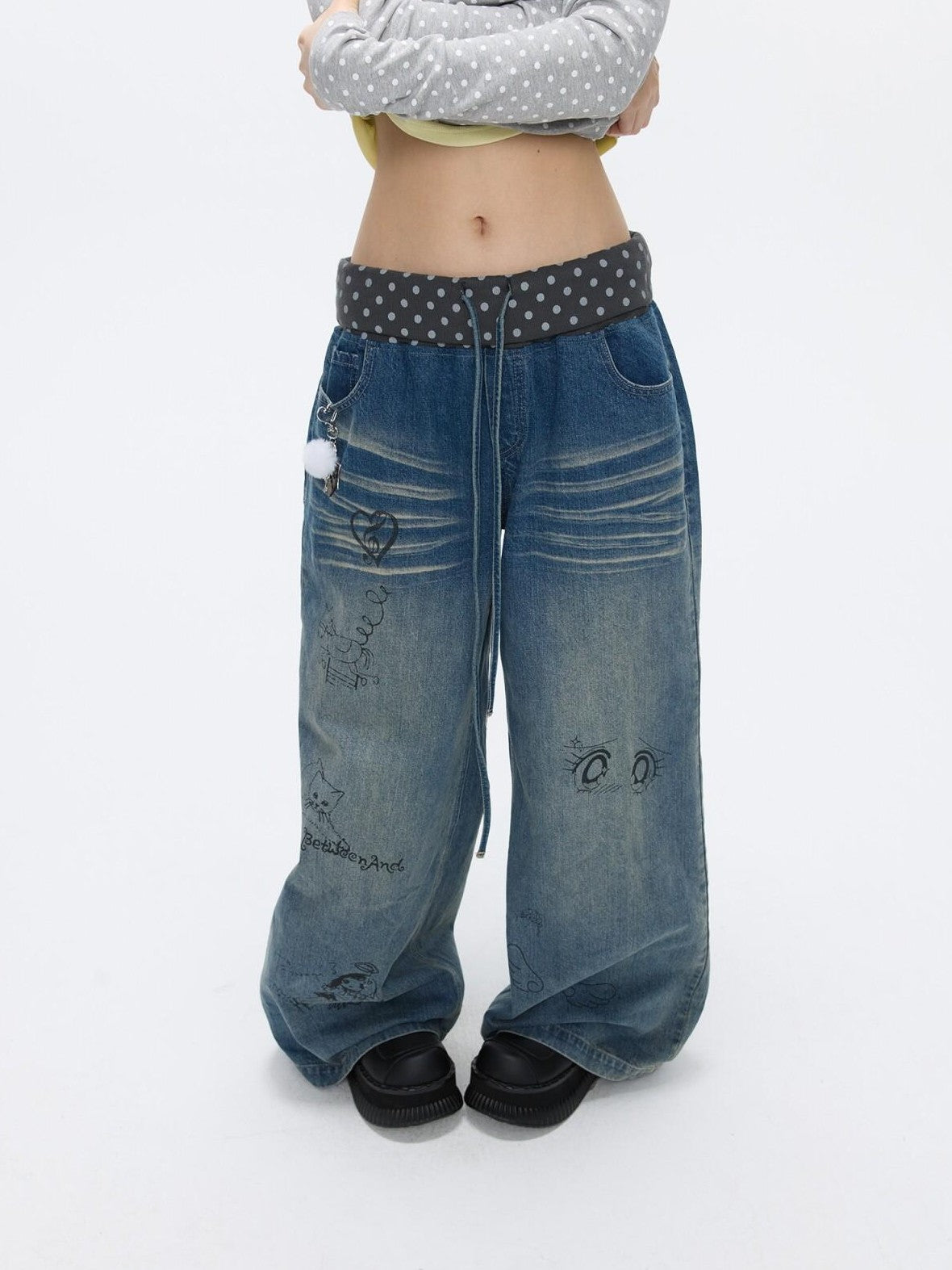 BETWEENAND Graffiti Polka Dot Patch Washed Pleated Women&