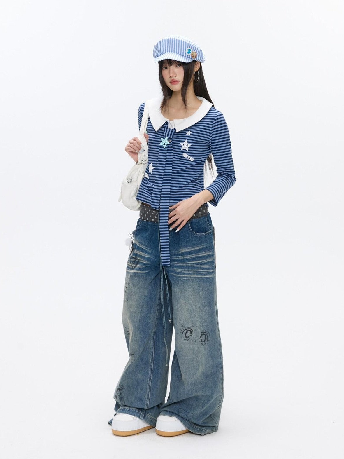 BETWEENAND Graffiti Polka Dot Patch Washed Pleated Women&