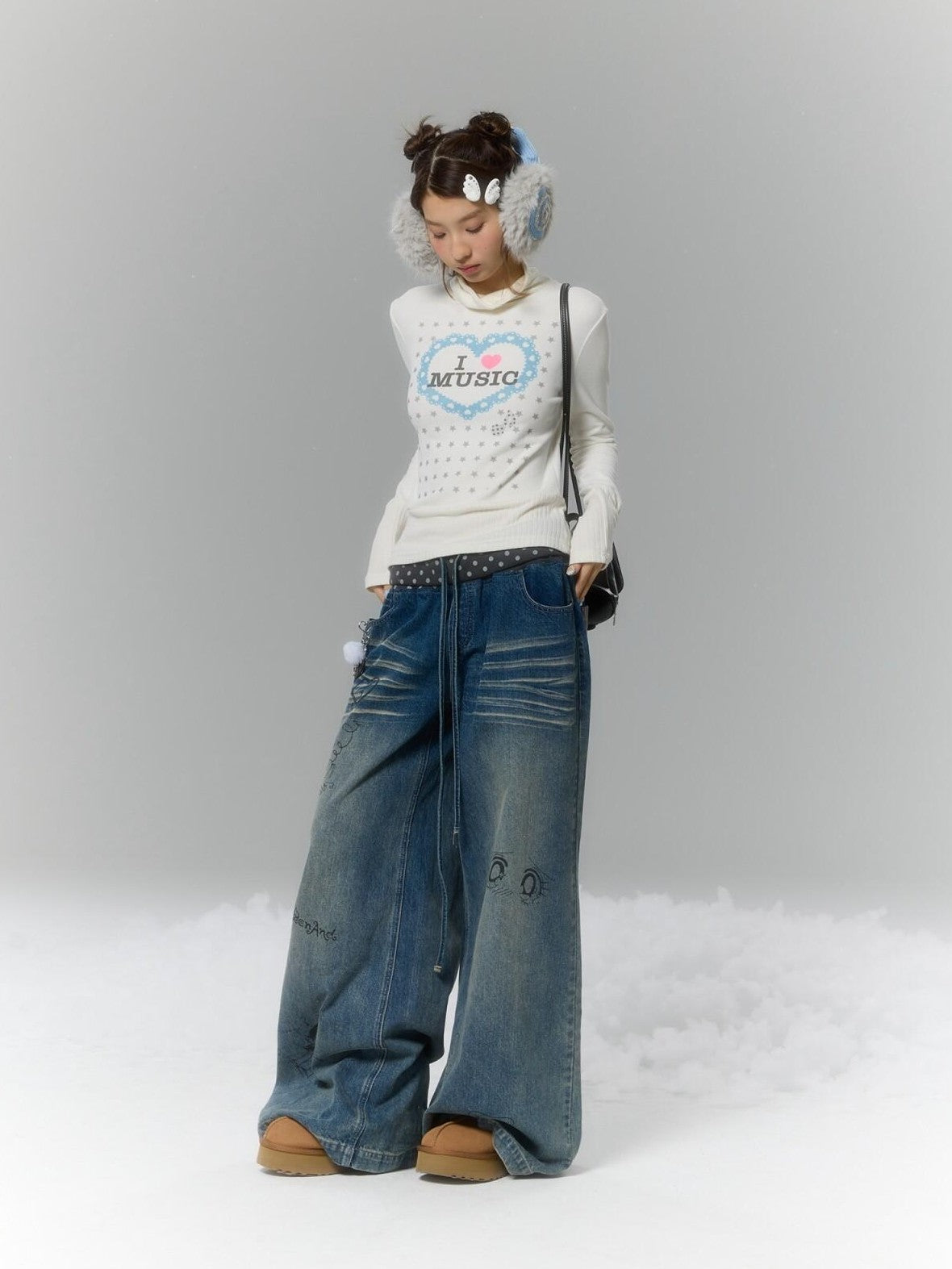BETWEENAND Graffiti Polka Dot Patch Washed Pleated Women&