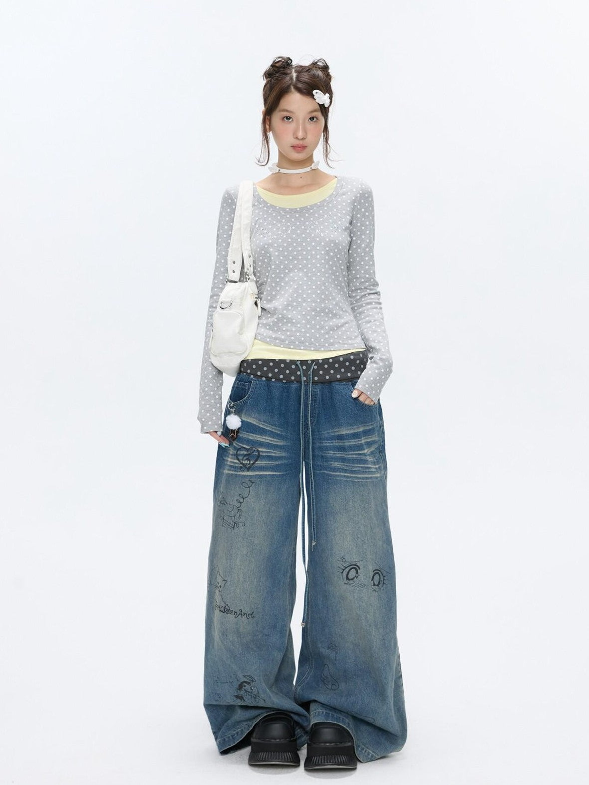 BETWEENAND Graffiti Polka Dot Patch Washed Pleated Women&
