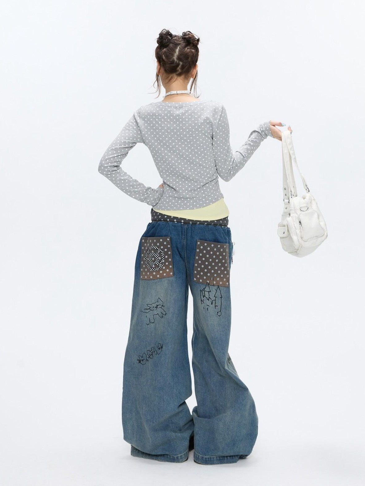 BETWEENAND Graffiti Polka Dot Patch Washed Pleated Women&