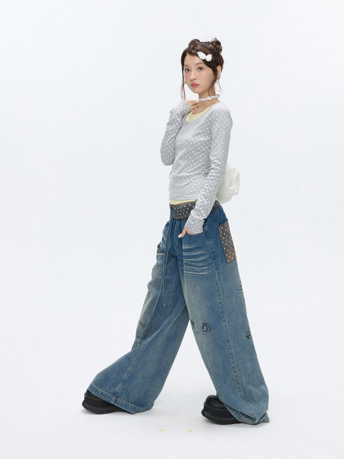 BETWEENAND Graffiti Polka Dot Patch Washed Pleated Women&