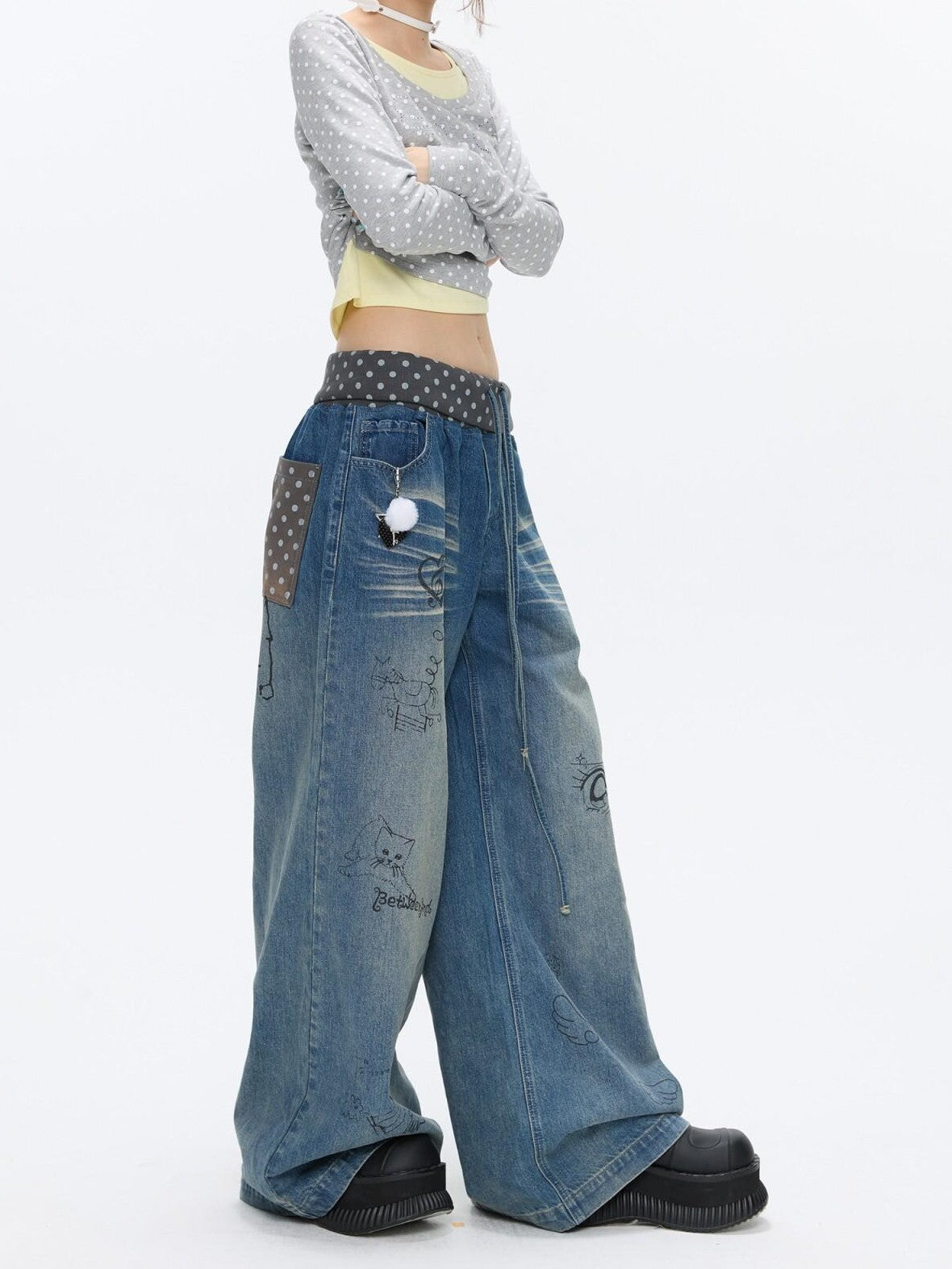 BETWEENAND Graffiti Polka Dot Patch Washed Pleated Women&
