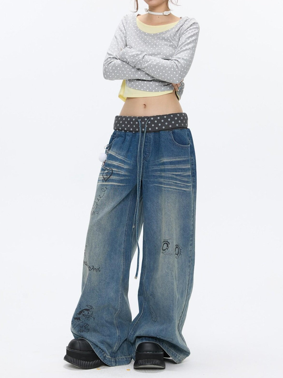 BETWEENAND Graffiti Polka Dot Patch Washed Pleated Women&