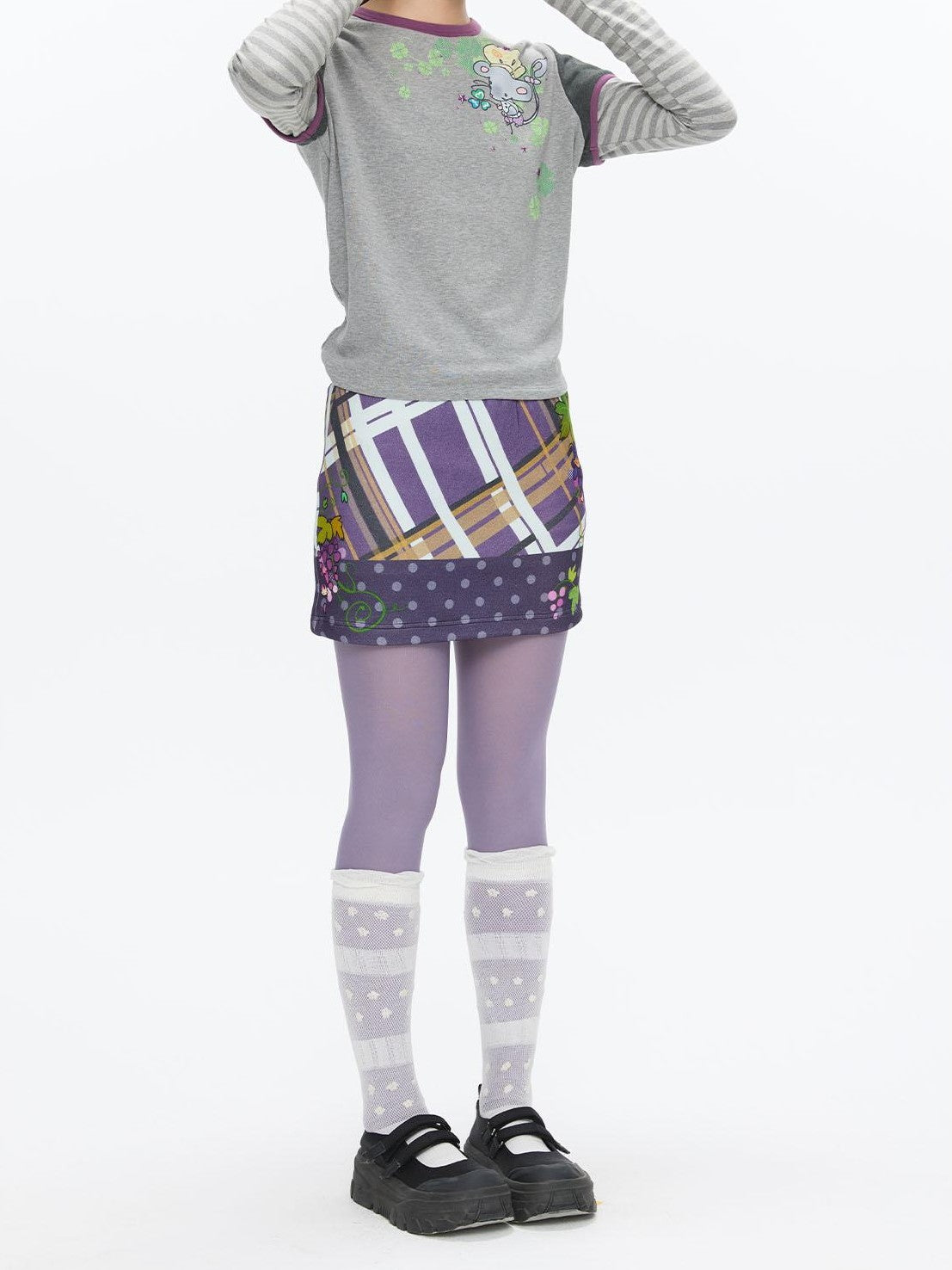 BETWEENAND Grape Purple Polka Dot Plaid Thick Bodycon Women&