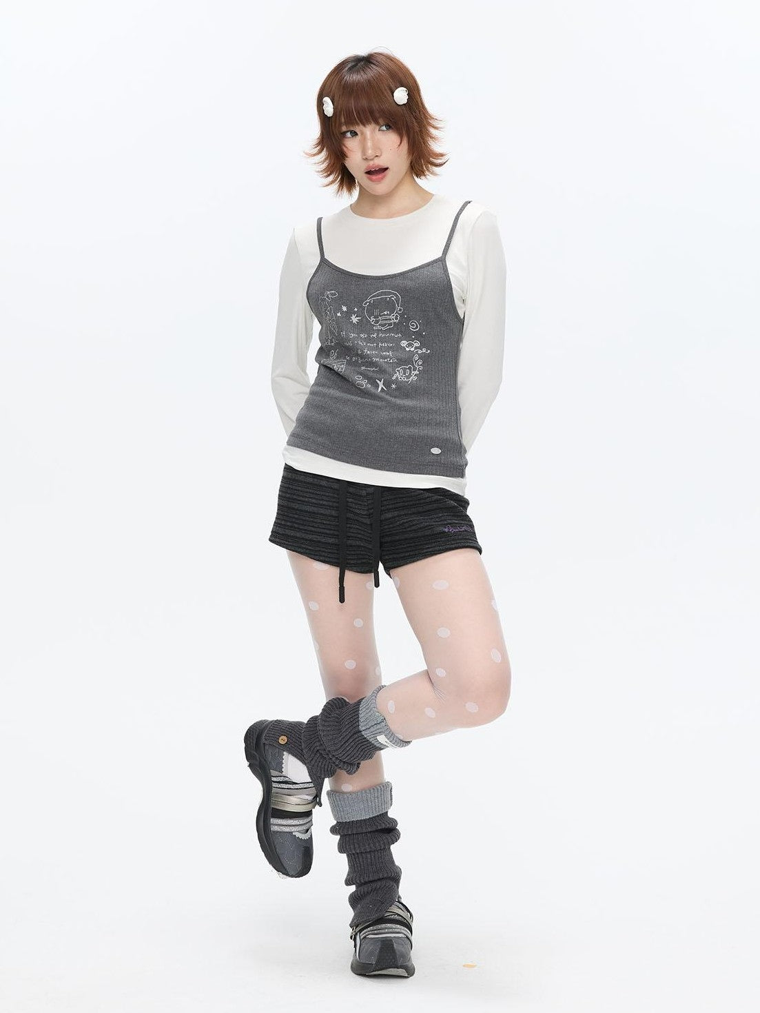 BETWEENAND Gray Glitter Print Faux Two Piece Vest Women&
