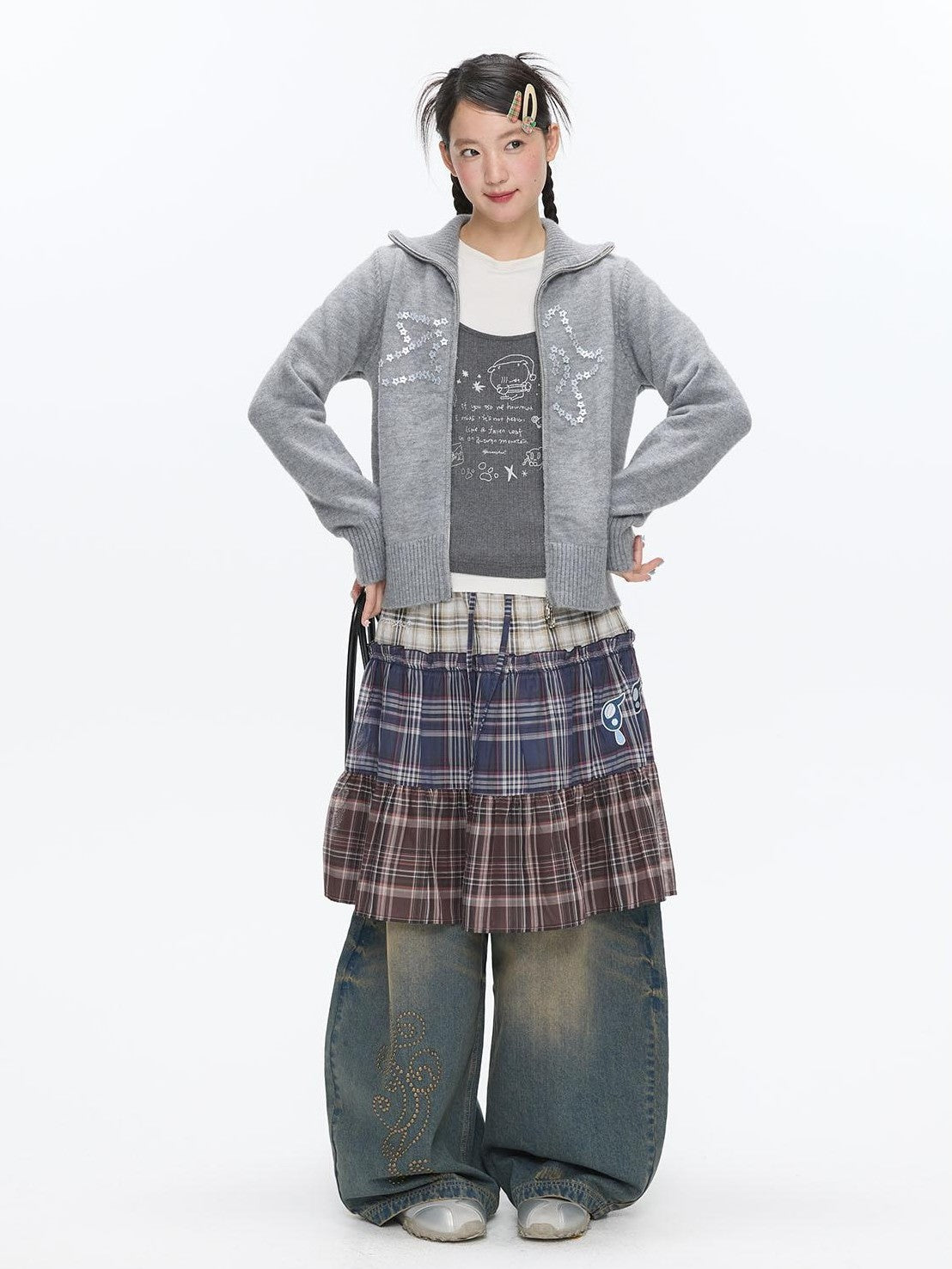 BETWEENAND Gray Glitter Print Faux Two Piece Vest Women&