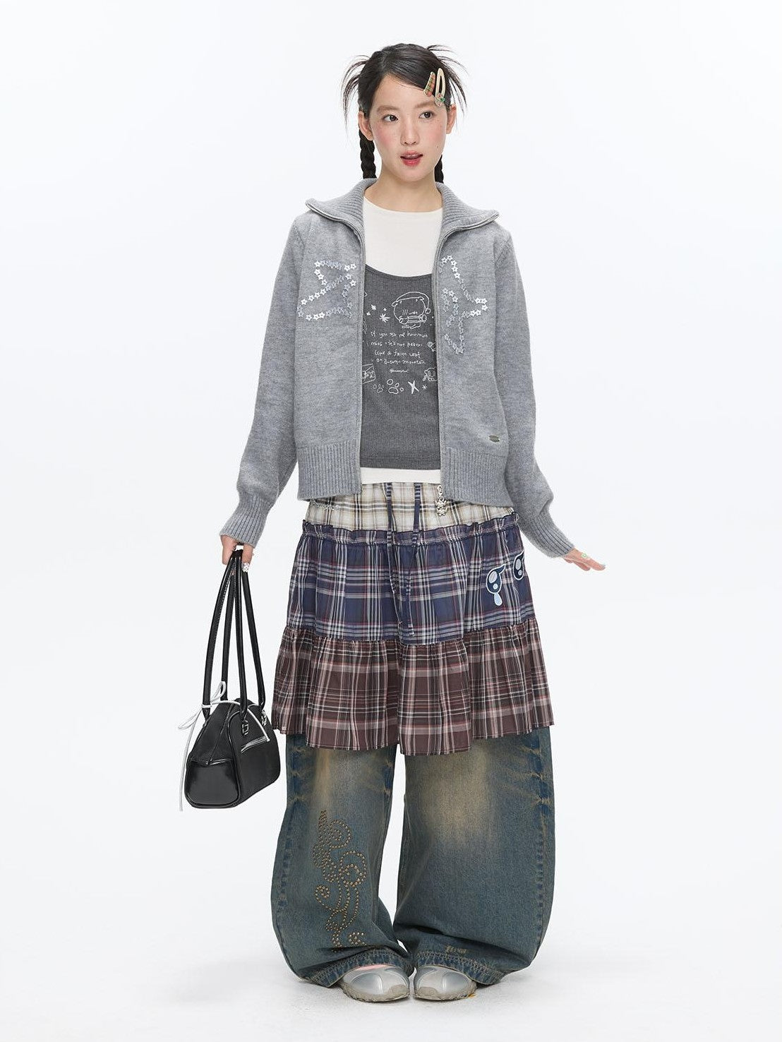 BETWEENAND Gray Glitter Print Faux Two Piece Vest Women&