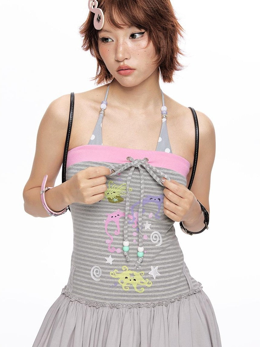 BETWEENAND Gray Pink Striped Bustier Asymmetrical Women&