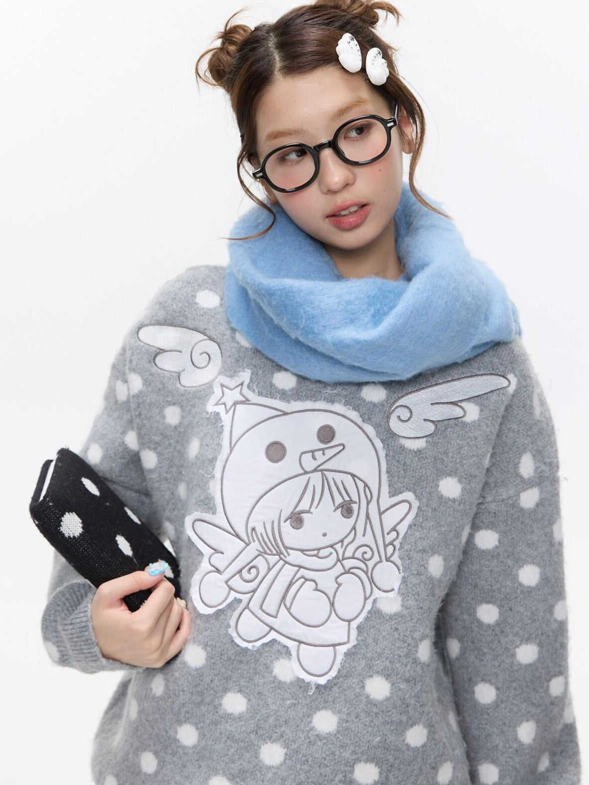 BETWEENAND Gray Polka Dot Applique Angel Embroidery Jacquard Women&