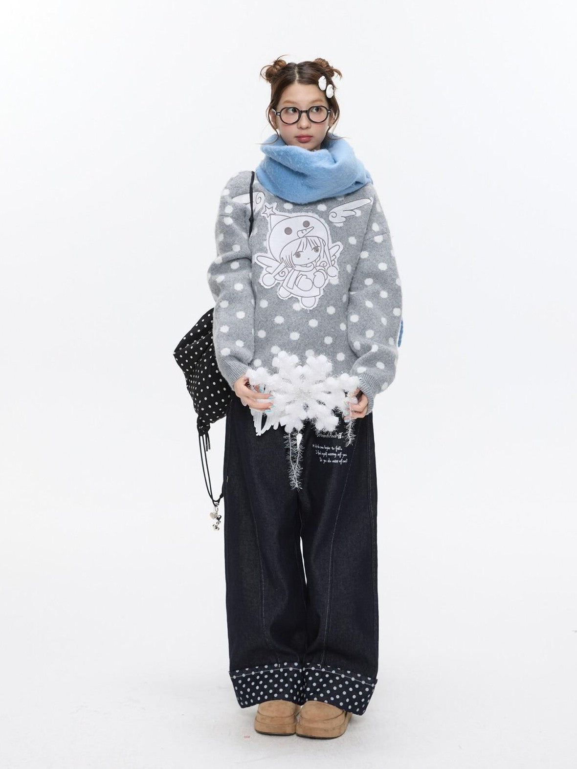 BETWEENAND Gray Polka Dot Applique Angel Embroidery Jacquard Women&