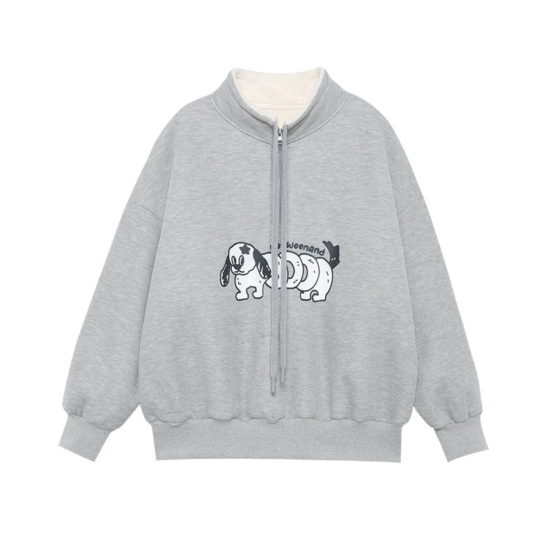 BETWEENAND_Gray_Puppy_Print_Half_Zip_Stand_Collar_Women&