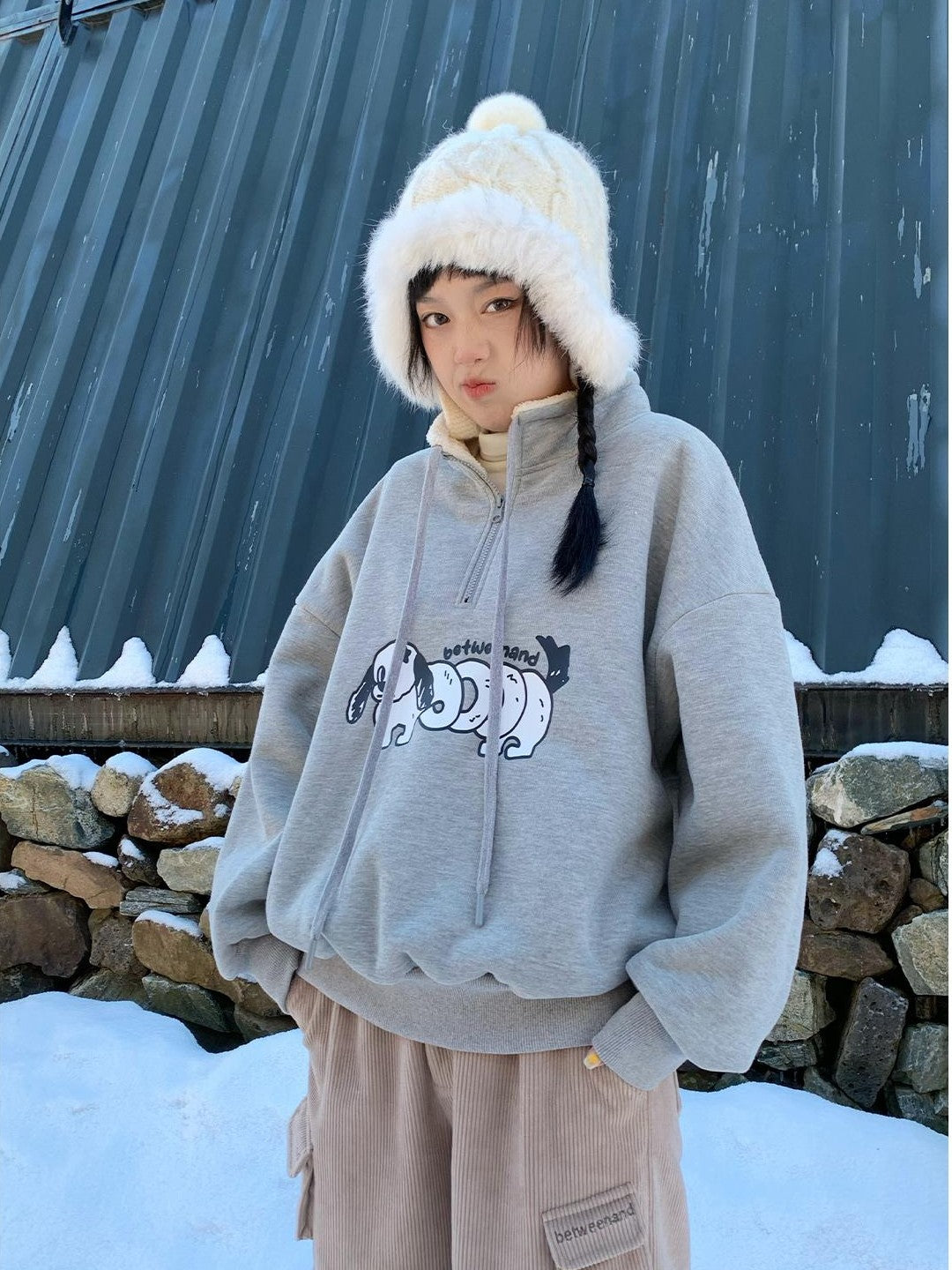 BETWEENAND Gray Puppy Print Half Zip Stand Collar Women&