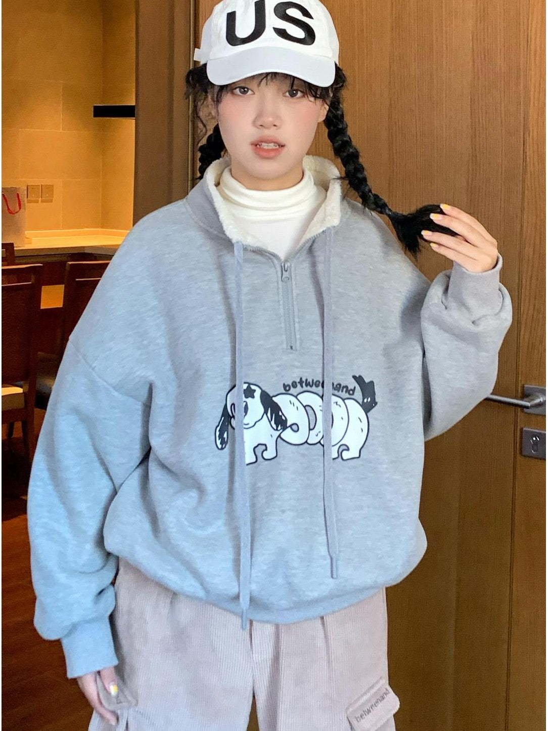 BETWEENAND Gray Puppy Print Half Zip Stand Collar Women&