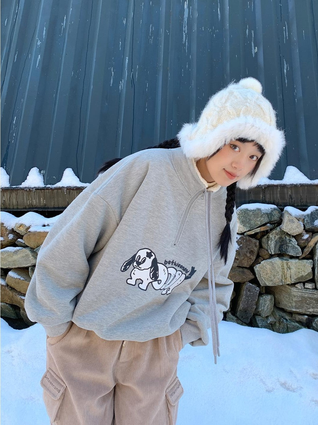 BETWEENAND Gray Puppy Print Half Zip Stand Collar Women&